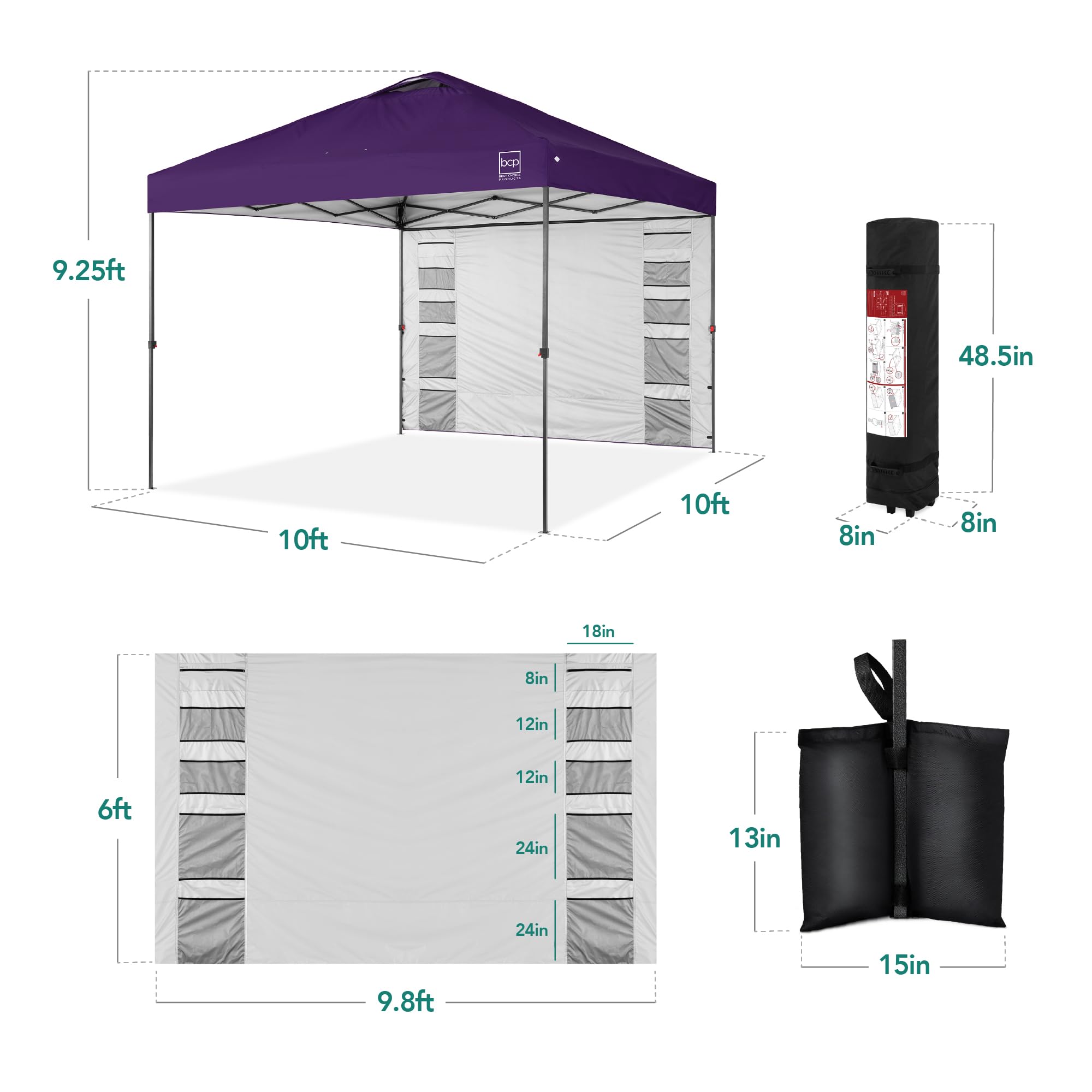 Best Choice Products 10x10ft Instant Pop Up Canopy Tent with Side Walls - 10 Storage Pockets, Portable Carry Bag, 1-Button Quick Setup, 4 Sand Weight Bags - Amethyst Purple for Outdoor Events, Camping, Beach & Backyard Parties