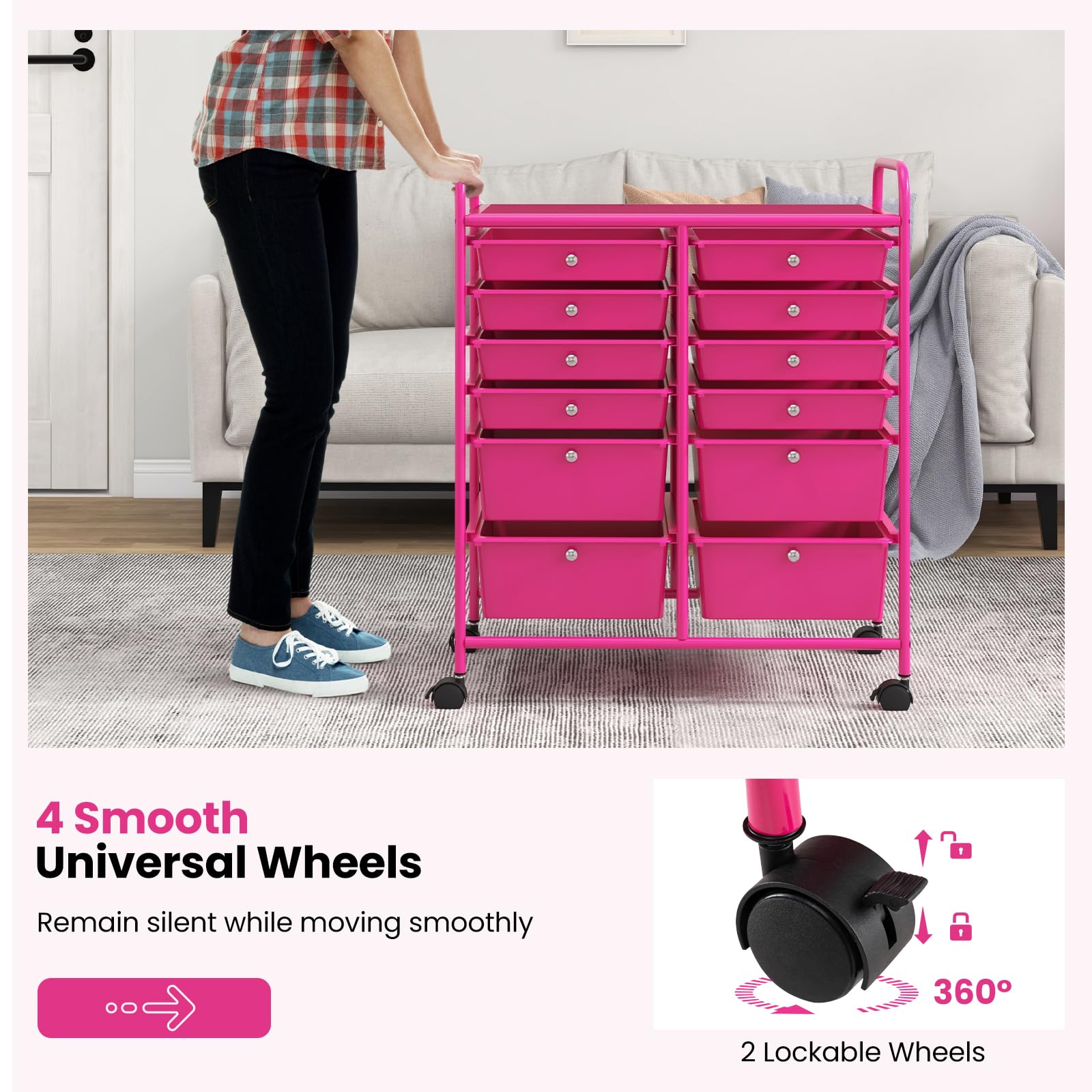 RELAX4LIFE 12-Drawer Rolling Craft Storage Cart with Wheels - Mobile Organizer for Art Supplies, Office, School & Beauty Salon - Pink Utility Cart for Easy Access & Space Saving Organization
