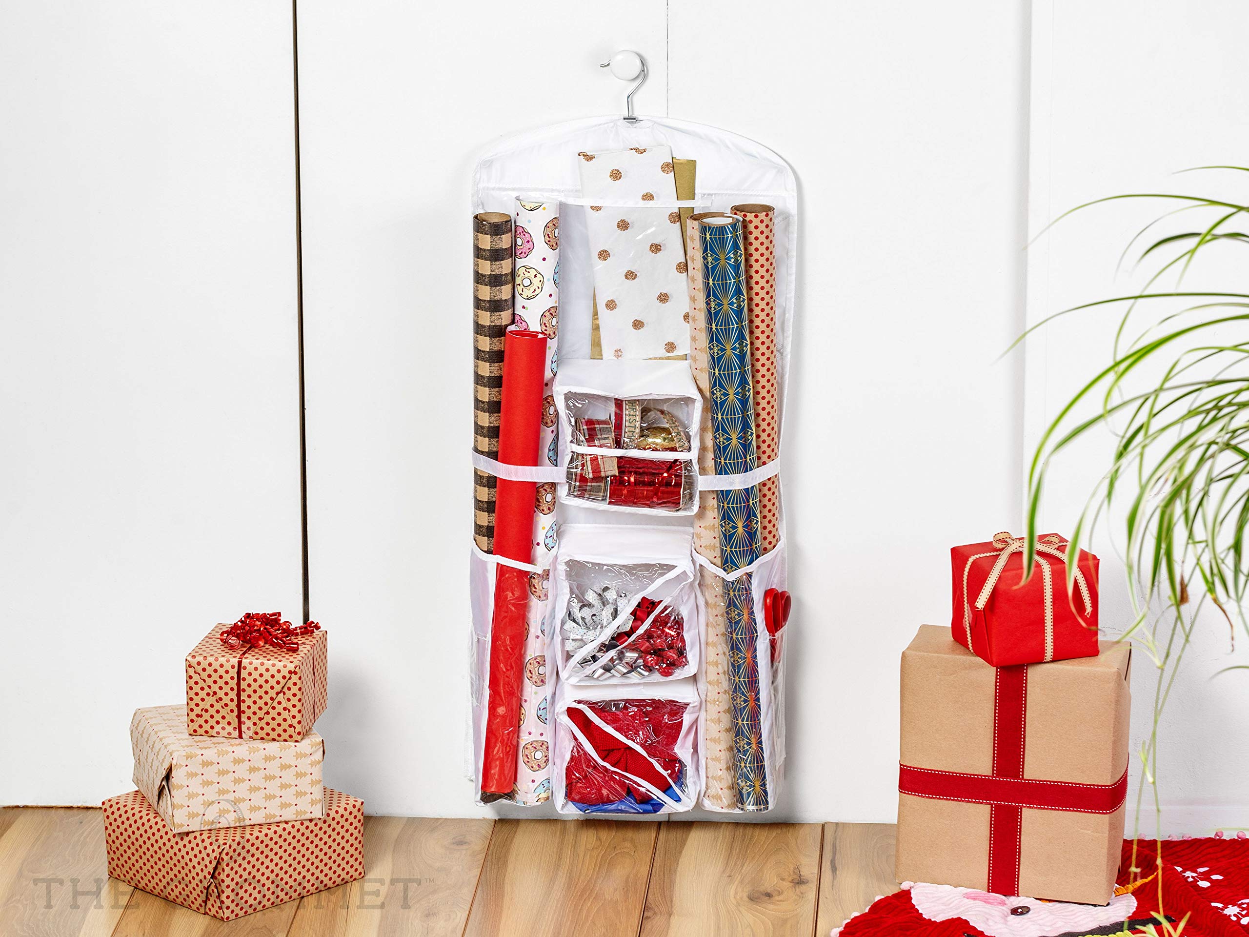 Gift Wrap Organizer Storage - Hanging Bag & Box for Wrapping Paper Rolls, Gift Bags, Bows & Ribbons - Clear Pockets & Hook for Closet Organization - Perfect for Holiday Gift Wrapping & Home Storage Solutions