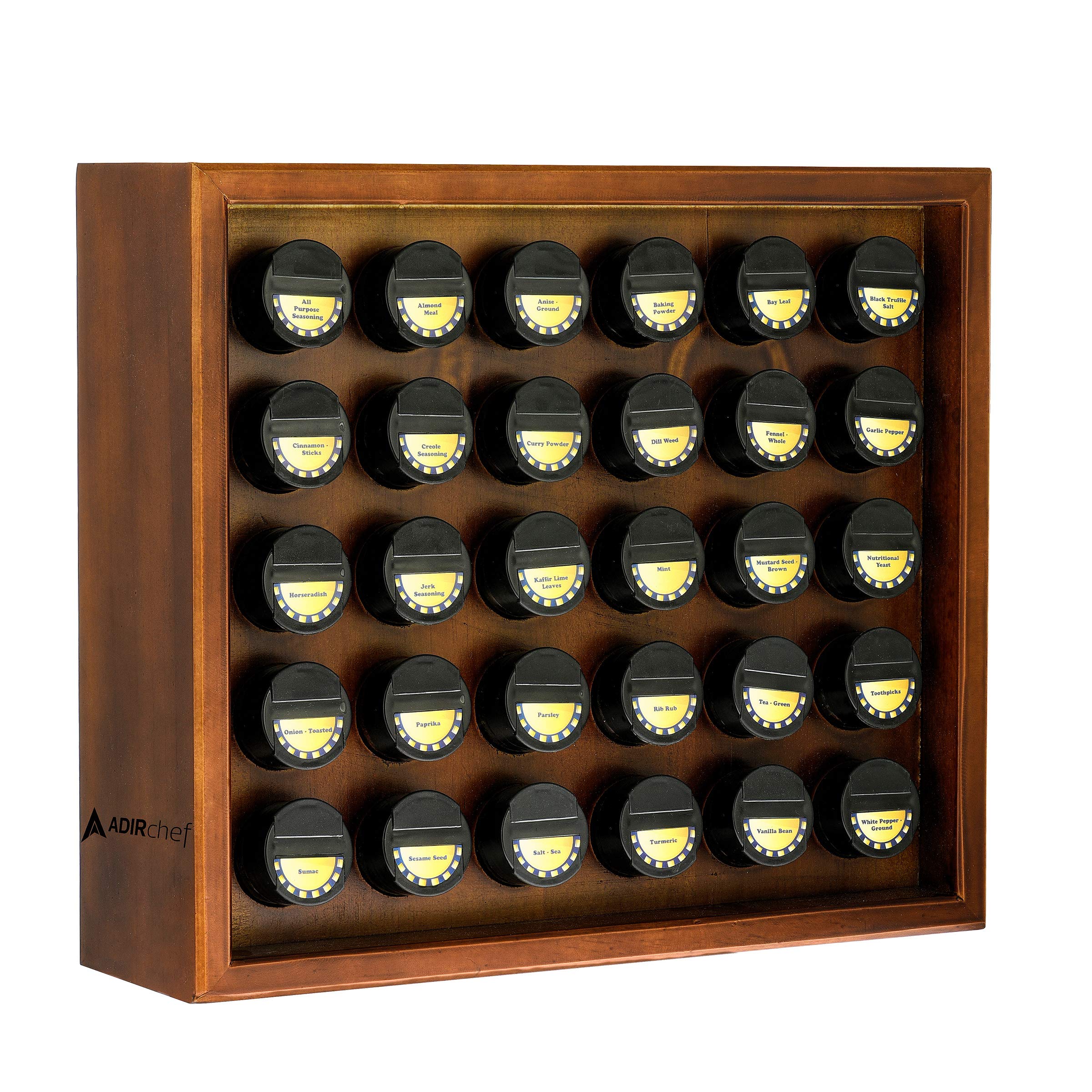 AdirChef 5-Tier Wooden Spice Rack Organizer with 30 (3.4oz) Glass Jars - Walnut Kitchen Cabinet & Drawer Storage for Spices, Seasonings, Herbs - Perfect for Home Cooking & Baking (14