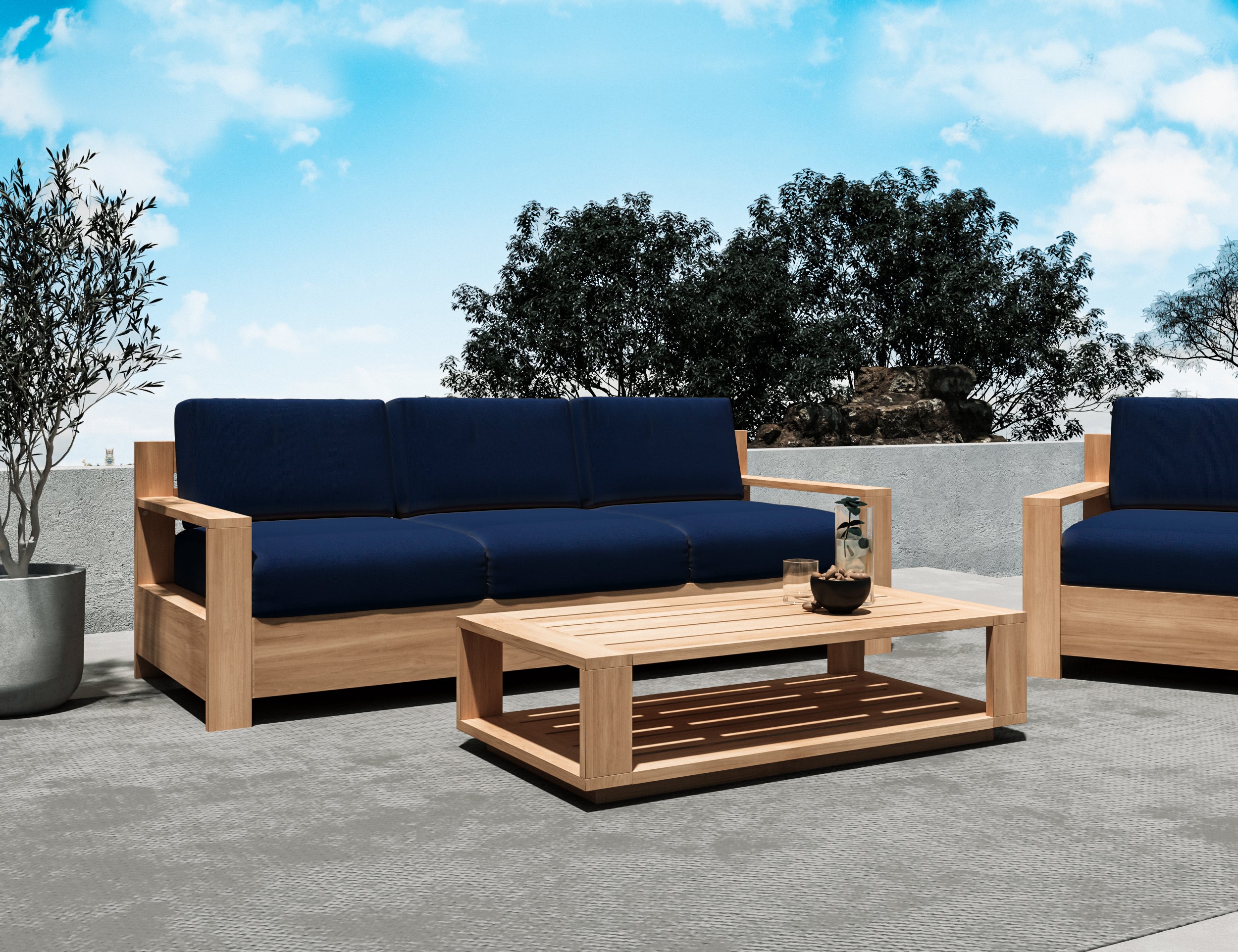 Lothair 3-Person Teak Outdoor Sofa with Sunbrella Navy Cushion - Patio Furniture for Garden, Poolside & Backyard Relaxation