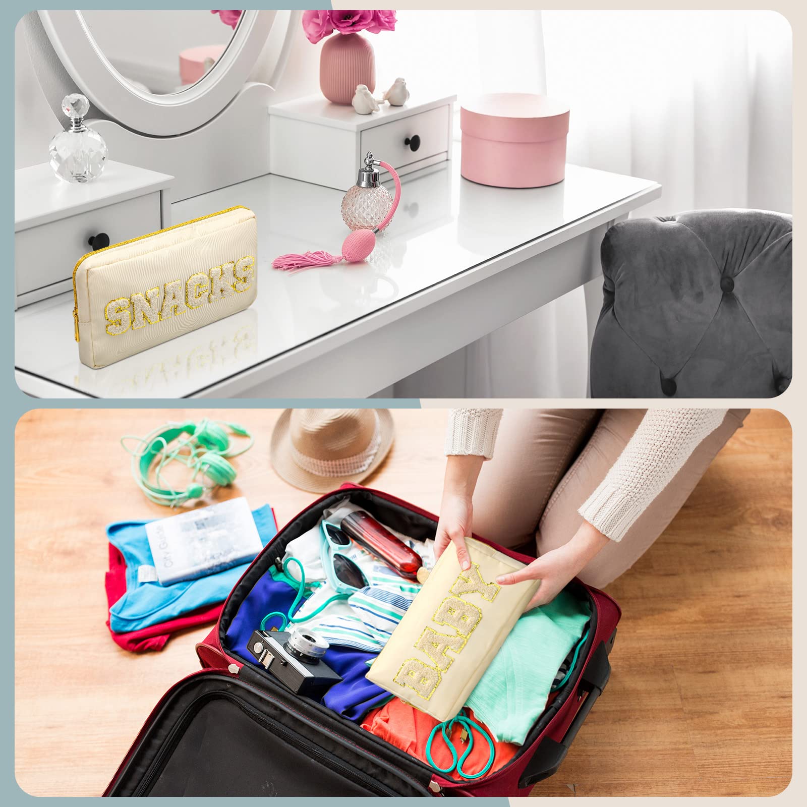 3 Pack Preppy Chenille Letter Makeup Bags - Waterproof Cosmetic Organizer with Zipper Pouch for Travel, Girls & Kids Storage - Perfect for School, Gym, Beach & Daily Essentials