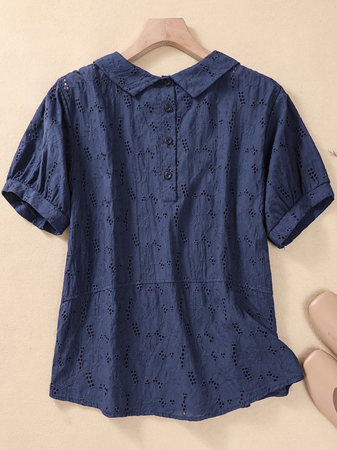 Lovevop Women's Cotton Peter Pan Collar Hollow Embroidered Sleeves Casual Blouse - Perfect for Office Wear, Dating & Spring Outfits