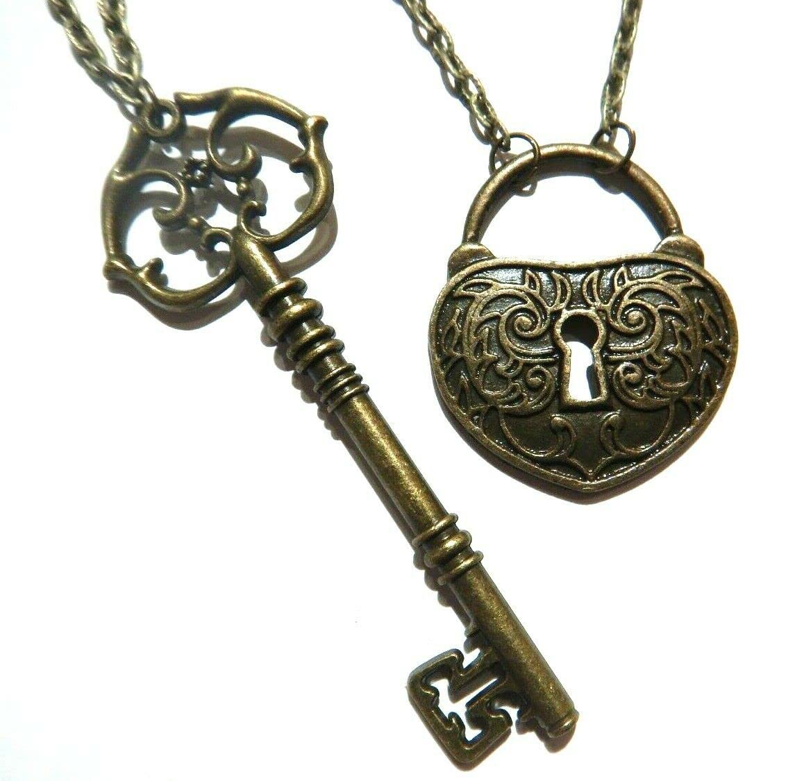 Handmade Bronze Skeleton Key & Heart Padlock Necklace Set - 24'' Chain Pendant Pair for Romantic Gifts & Vintage Jewelry Collection