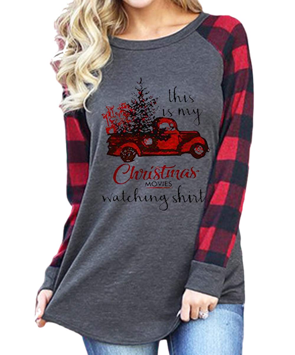 Women's Christmas Movie Watching Long Sleeve Raglan T-Shirt with Snowman & Plaid Design - Cozy Holiday Outfit for Family Gatherings & Winter Nights