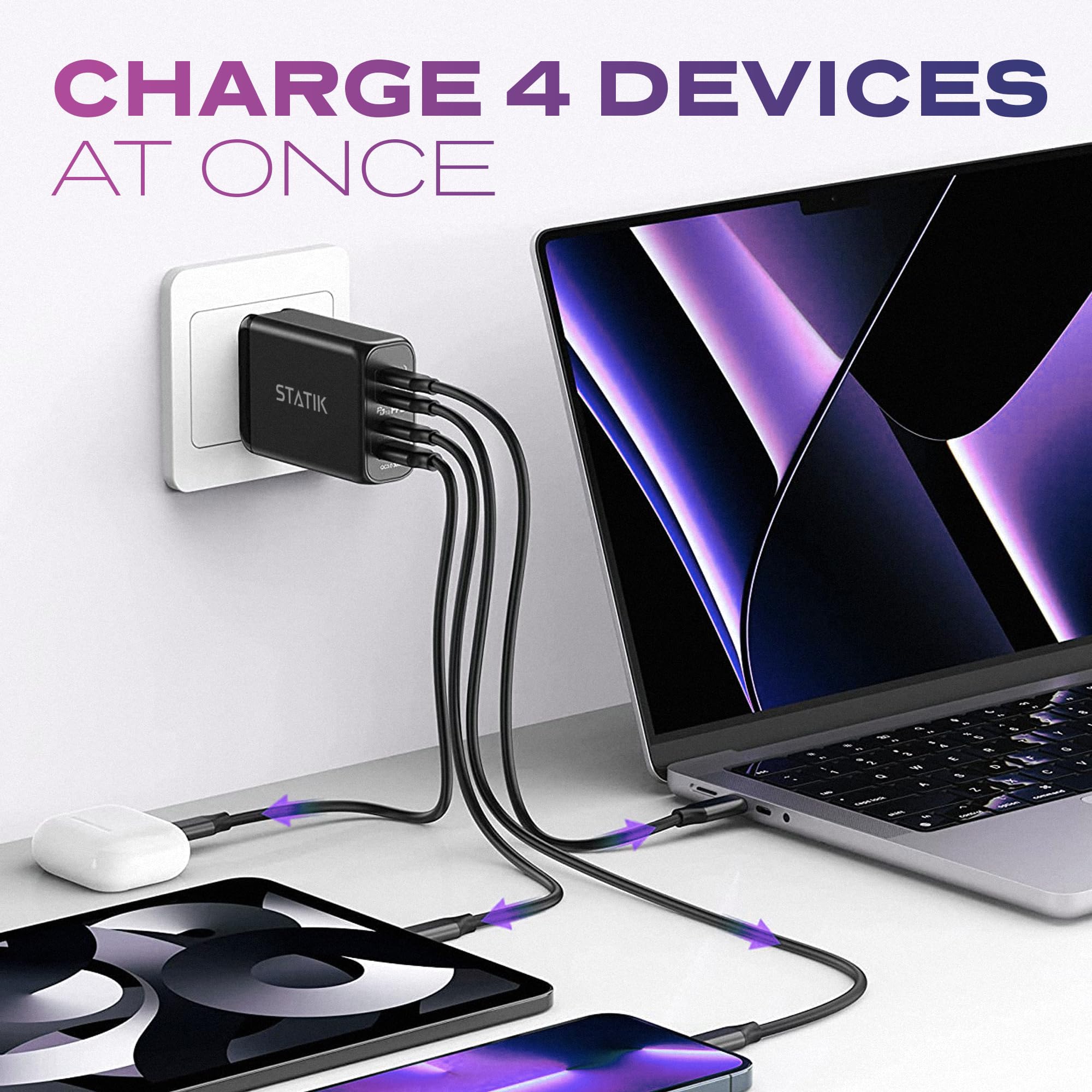 100W GaN Fast Charger with 3 Ports - USB C Wall Charger Adapter for MacBook Pro/Air, iPhone, Samsung Galaxy - Compact Power Block for Travel, Office & Home Use