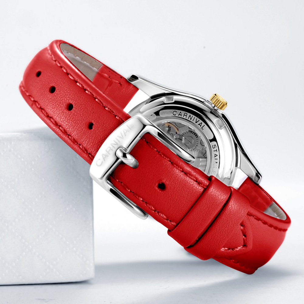 Luxury Women's Automatic Mechanical Watch with Luminous Calendar, Diamond Accents & Waterproof Leather Strap (Red/White) - Perfect for Business, Parties & Everyday Wear