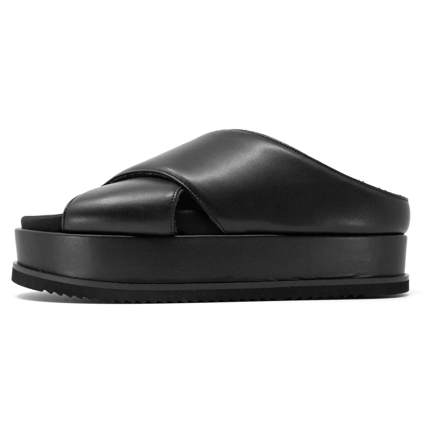 ROAM Women's Vegan Leather Cross Stack Platform Sandals - Black | Comfortable & Stylish Summer Shoes for Beach, Vacation & Casual Outings