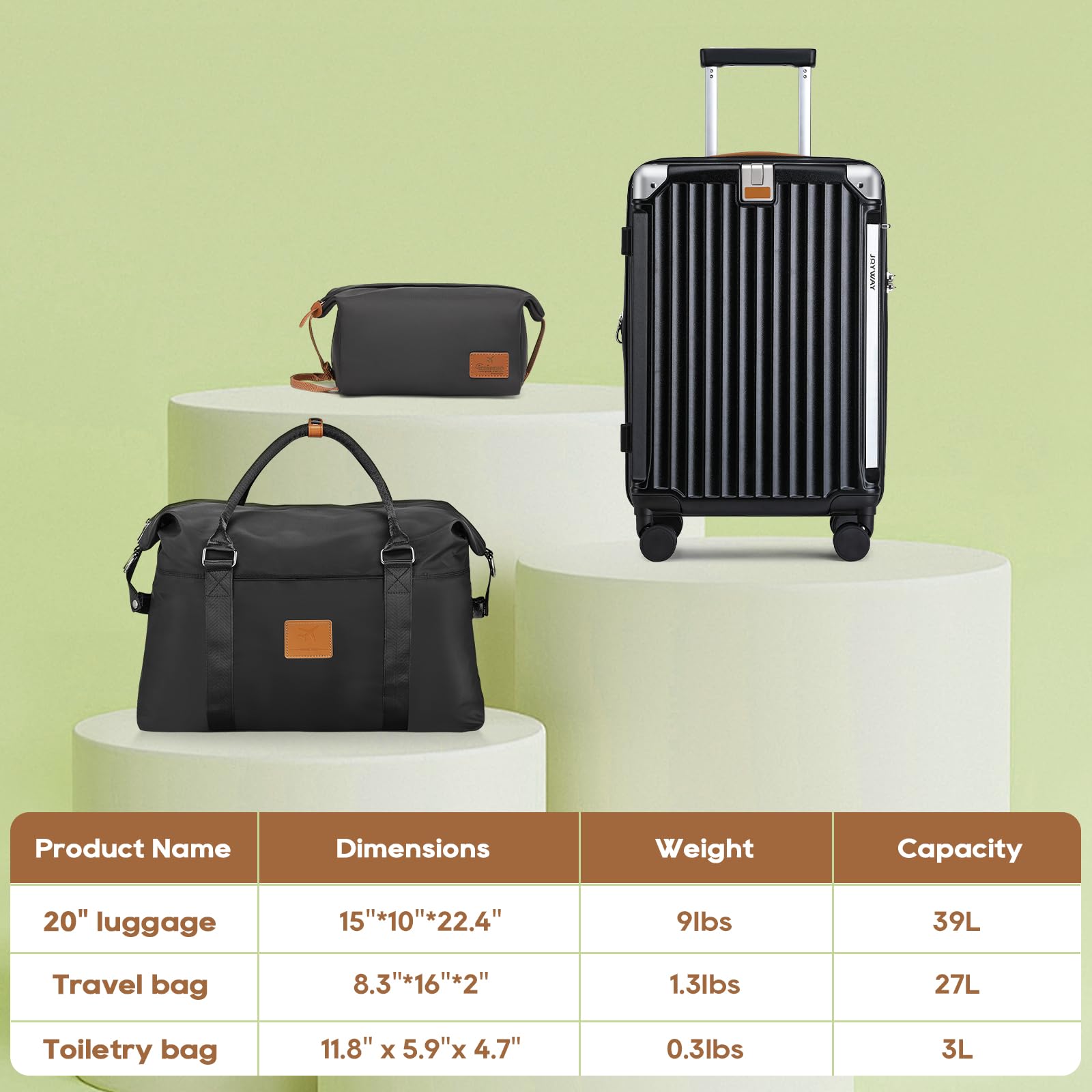 Joyway 20in Expandable Carry On Luggage with USB Charging Port & Cup Holder, Anti-Slip Spinner Wheels, 3-Piece Suitcase Set for Men & Women (Black) - Perfect for Business Travel, Weekend Getaways & Airplane Carry-On