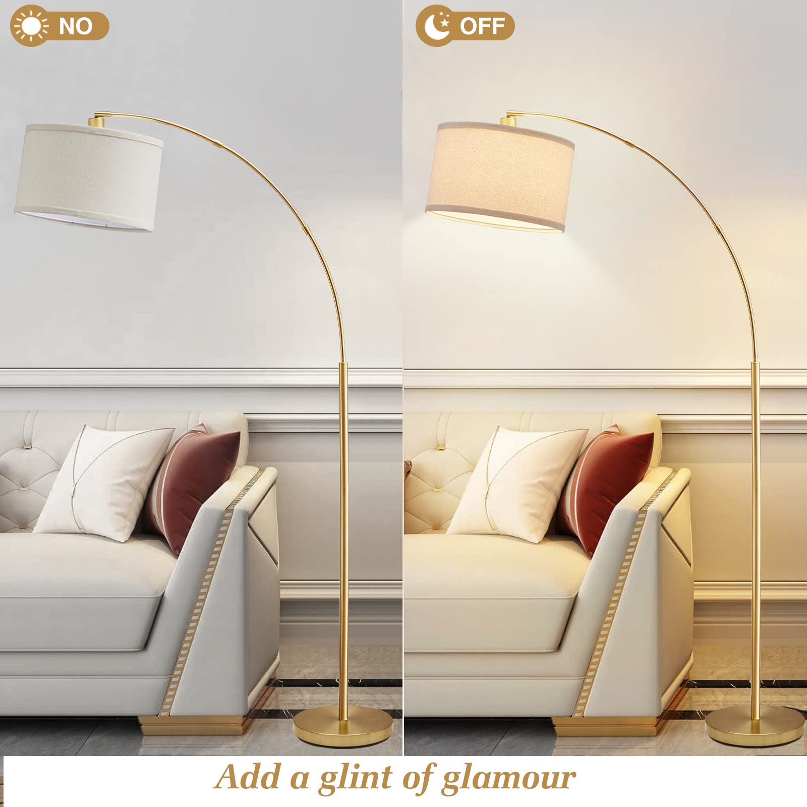 Modern Gold Arc Floor Lamp for Living Room - Adjustable Hanging Drum Shade with Tall Pole & Foot Switch - Over Couch Arched Reading Light for Bedroom, Office, Study - LED Bulb Not Included - Perfect for Cozy Reading Nooks & Contemporary Home Decor