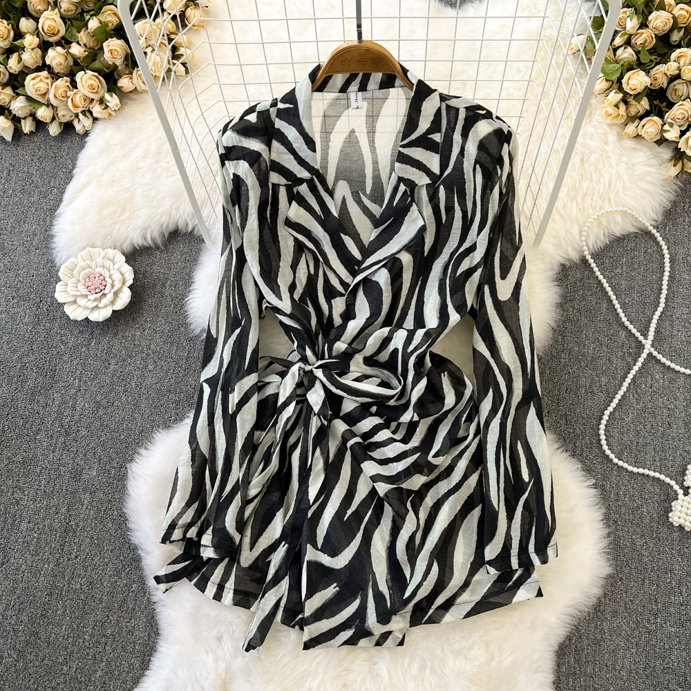 Hong Kong Style Long Sleeve Zebra Print Shirt Dress with Matching Suit Jacket - Women's Office Wear, Party Outfit & Formal Occasion Fashion