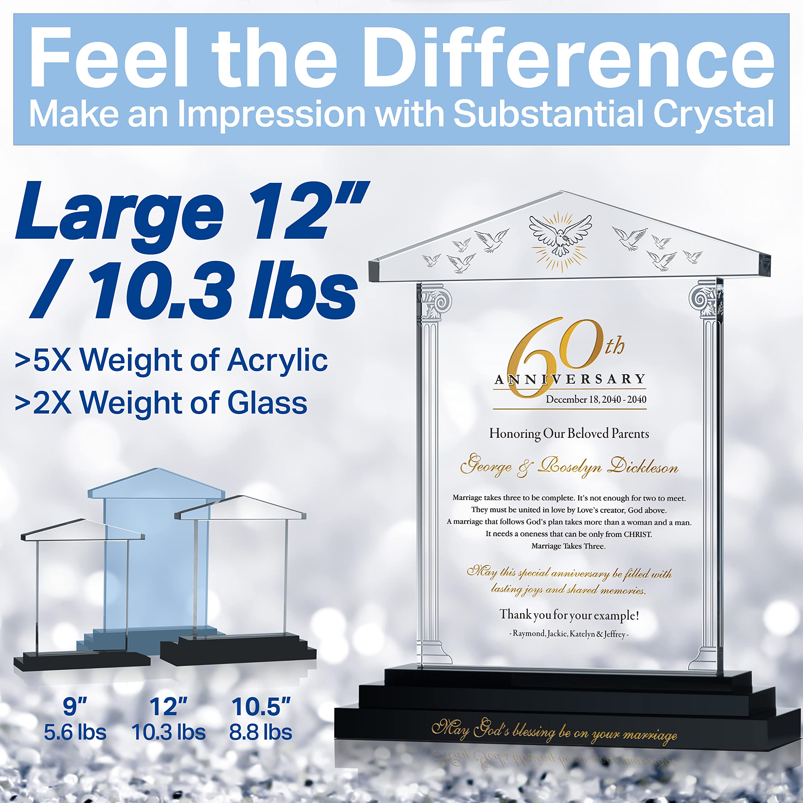 Personalized Religious 60th Wedding Anniversary Crystal Gift for Parents & Grandparents - Custom Engraved Keepsake from Children & Grandchildren (9 Inch) - Perfect for Diamond Anniversary Celebrations & Family Heirlooms