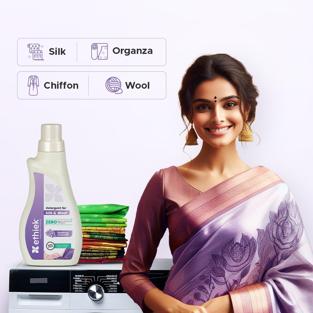 Ethiek Liquid Detergent for Silk, Wool & Delicate Fabrics - Gentle Enzyme-Free Natural Organic Laundry Detergent - Safe for Top Load, Front Load Washing Machines & Hand Wash - 500ml - Perfect for Baby Clothes, Lingerie & Cashmere Sweaters