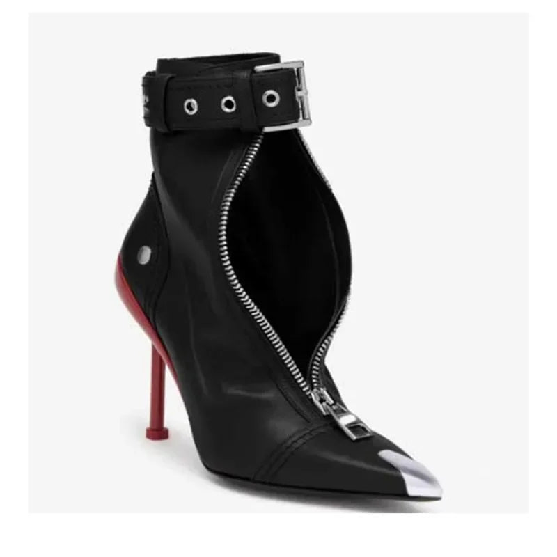 Women's Fashion Pointed Toe Ankle Boots with Belt Buckle & Front Zipper - Red High Heels for Autumn Winter - Stylish Metal Decorated Short Boots for Office, Party & Night Out