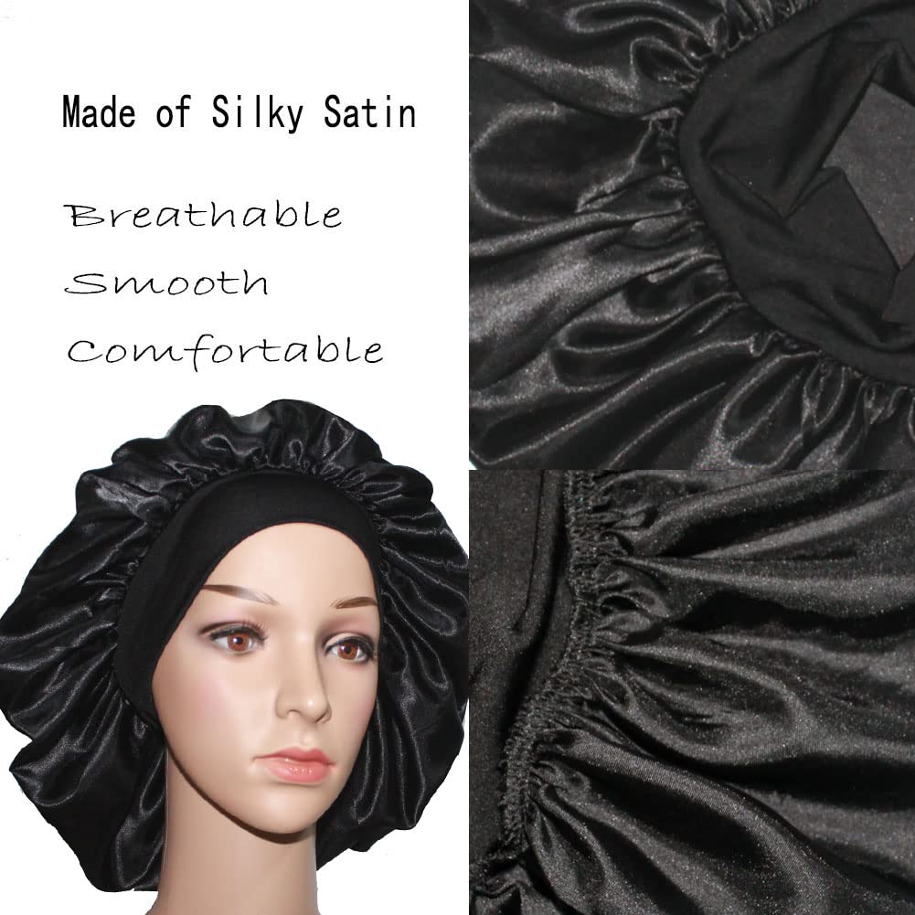 VEYRNEIC Satin Sleep Bonnet for Women - Wide Elastic Band Silk Night Cap for Braids, Natural Hair & Chemo - Includes Satin Storage Bag (Black) | Perfect for Sleeping, Showering & Hair Protection