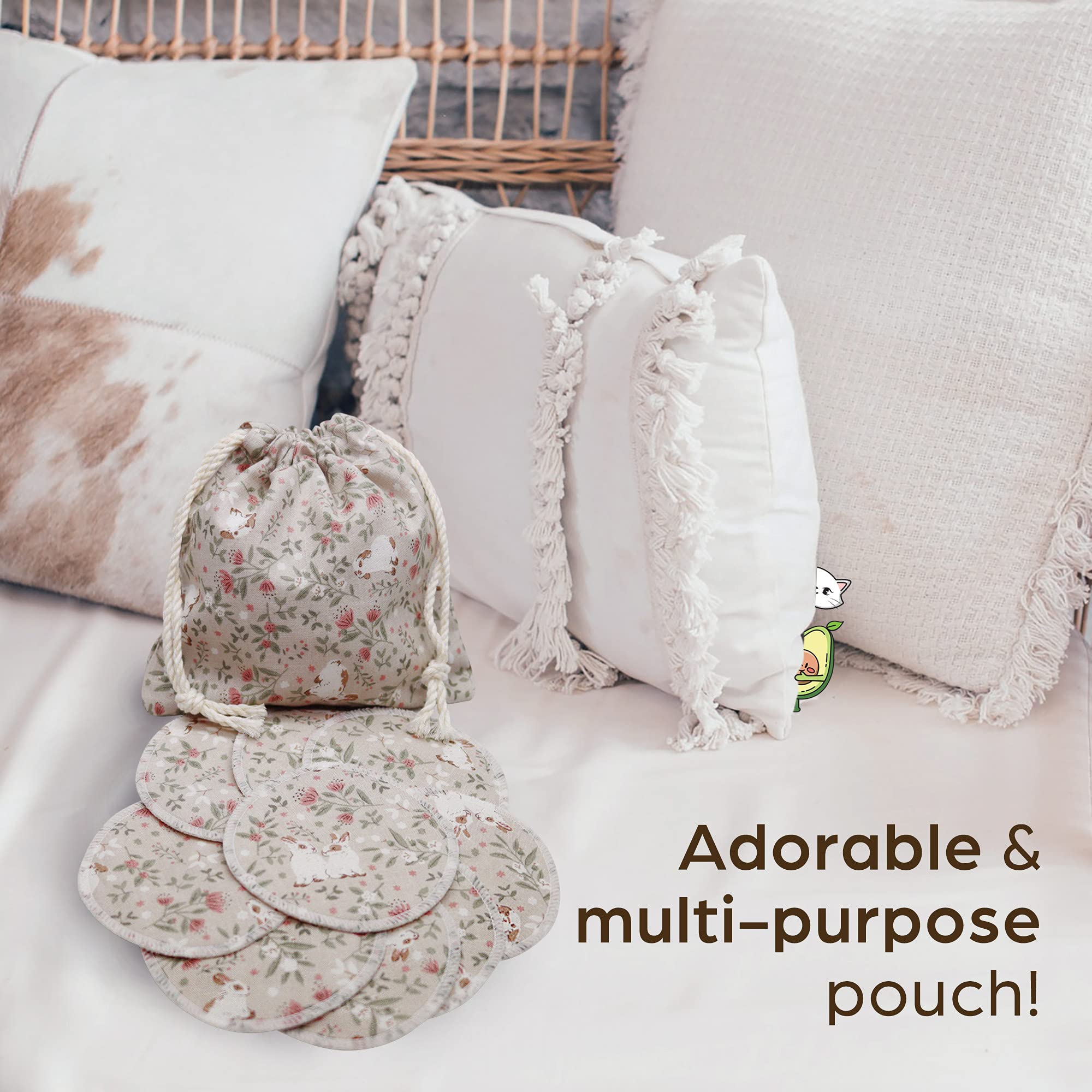 AVO Handmade Organic Cotton Reusable Makeup Remover Pads & Facial Rounds with Quilted Fabric Pouch - Eco-Friendly Beauty Essentials for Daily Skincare & Travel (Rabbit Design)