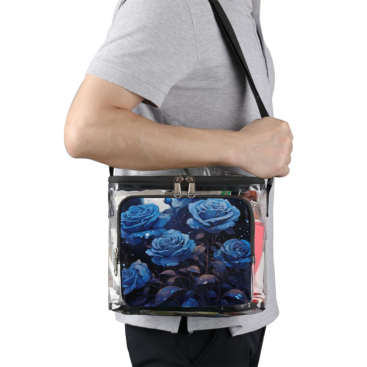 GzLeyigou Blue Enchantress Clear Tote Bag with Handles - Transparent Crossbody Shoulder Bag for Women, Rose Pattern Lunch Bag | Perfect for Outdoor Travel, Picnic, Concerts, Sports Events & Stadium Approved | Fashionable & Functional Clear Purse for Shopping, Beach & Theme Parks