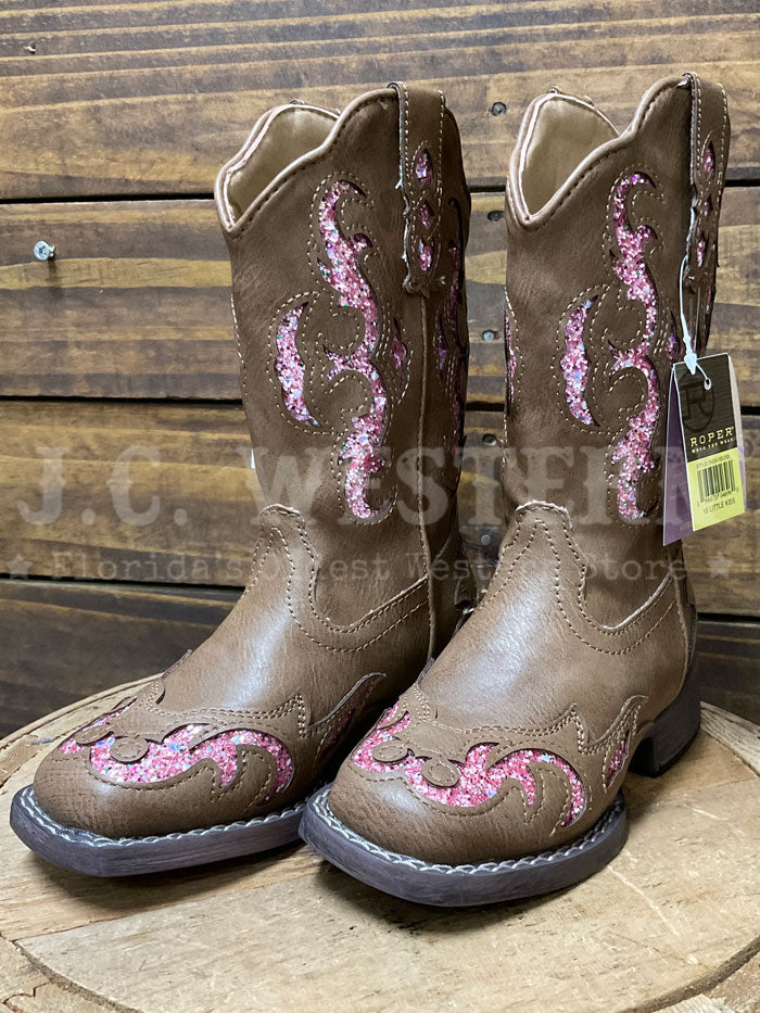 Roper Kids Glitter Underlay Boots - Pink & Tan for Girls, Comfortable & Stylish Western Boots for School, Parties & Outdoor Play
