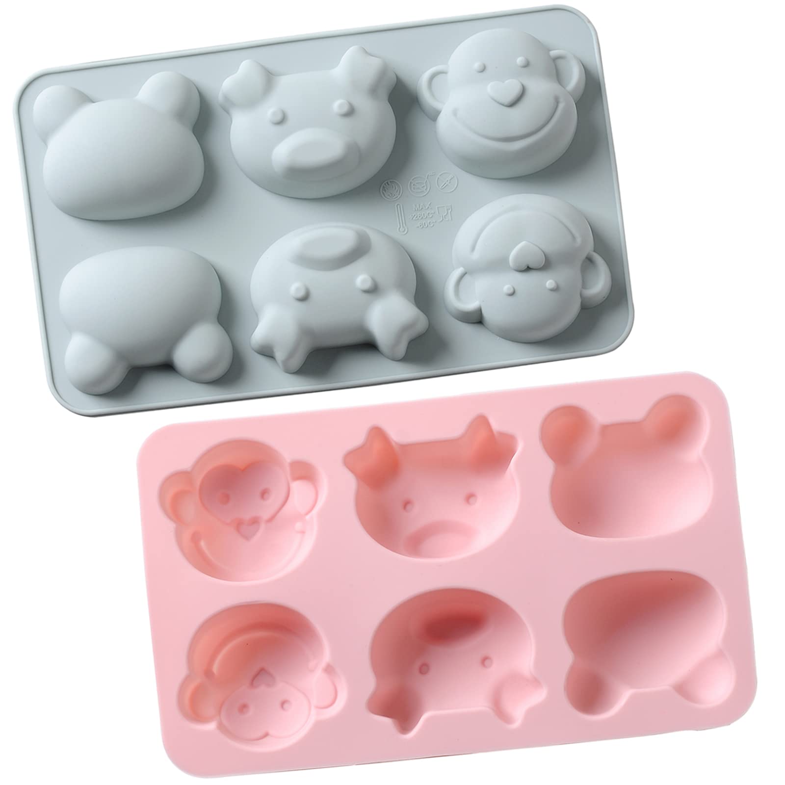 2 Pack Non-Stick Silicone Animal Soap Molds - 6 Cavity Monkey Pig Frog Shaped Chocolate Candy & Jello Baking Molds for DIY Crafts, Party Treats & Homemade Desserts (M-021)