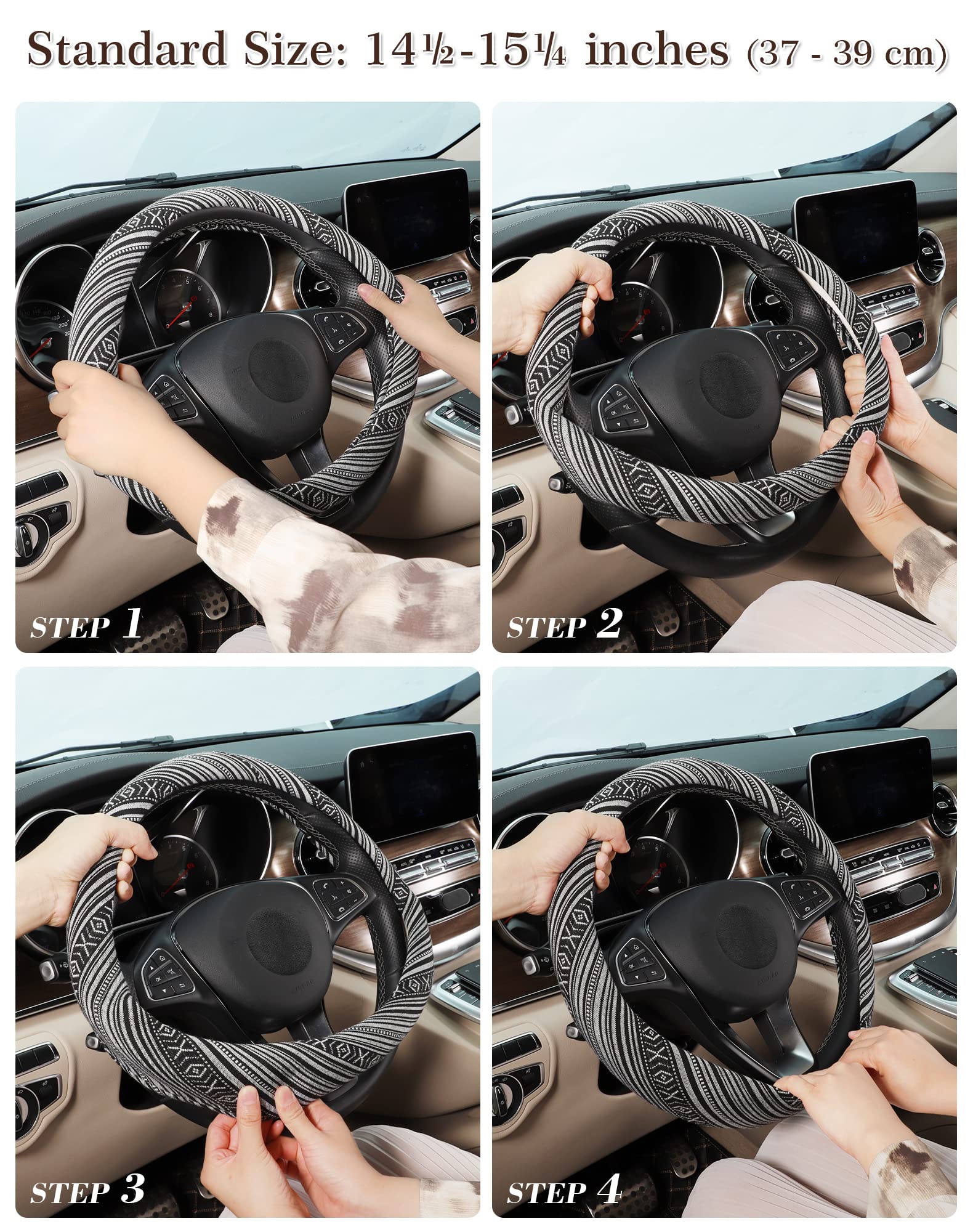 Boho Steering Wheel Cover - Ethnic Style Baja Blanket Cloth with Coarse Flax - Fits 14.5-15.25 Inch Car Wheels - Perfect for Hippie, Vintage & Boho Style Car Interiors