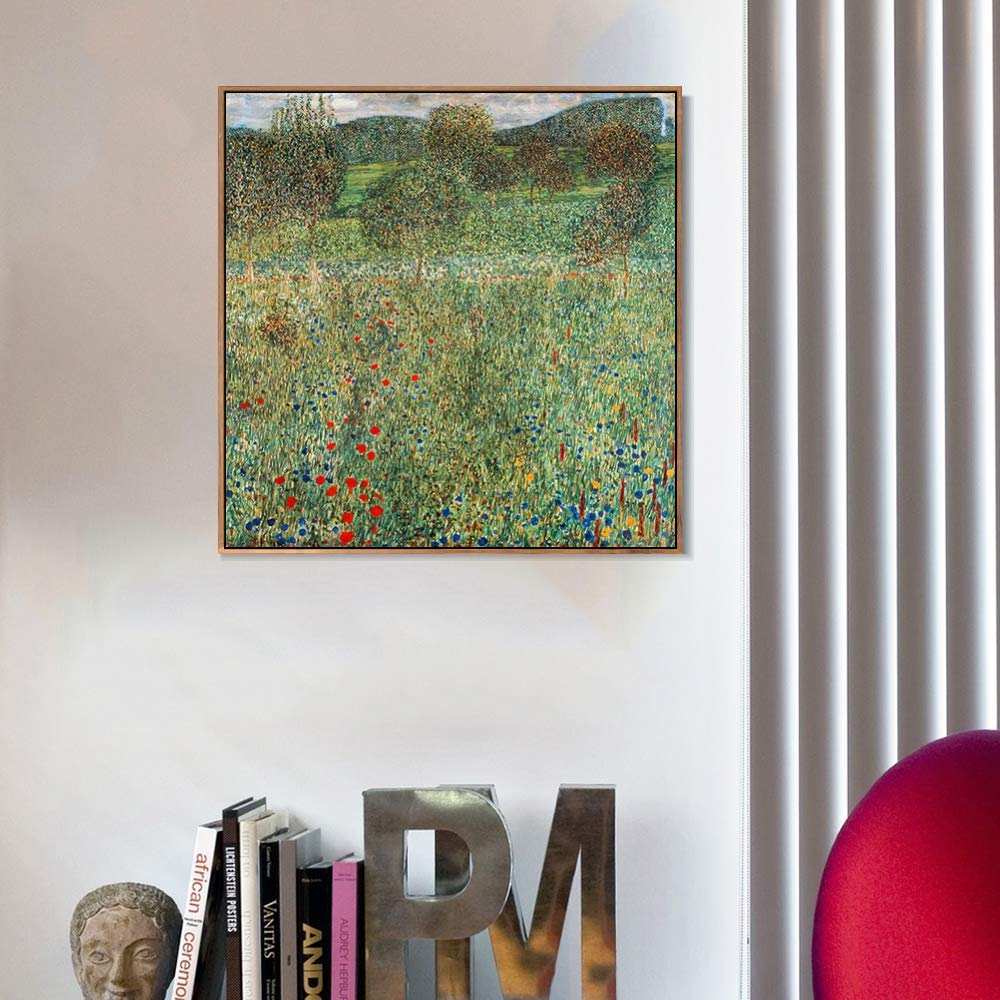 Gustav Klimt Trees and Flowers Framed Canvas Giclee Print - 28x28 Inch Wall Art with Wood Slim Frame for Living Room, Bedroom & Office Decor | Modern Botanical Home Decor