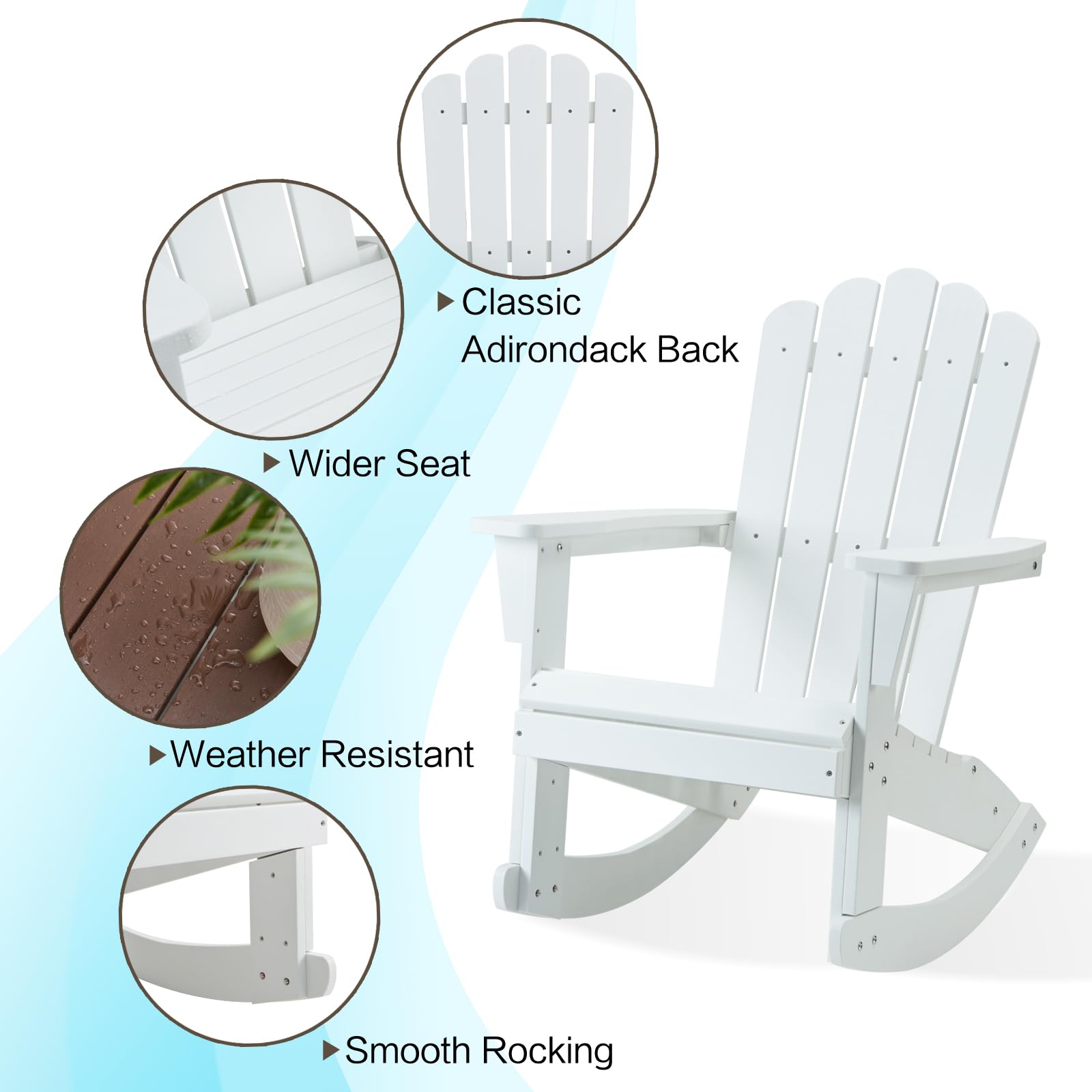 Psilvam Outdoor Adirondack Patio Rocking Chairs Set of 2 - Durable Poly Lumber Porch Rockers with High Back Support - Perfect for Porch, Garden, Deck & Backyard Relaxation (White)