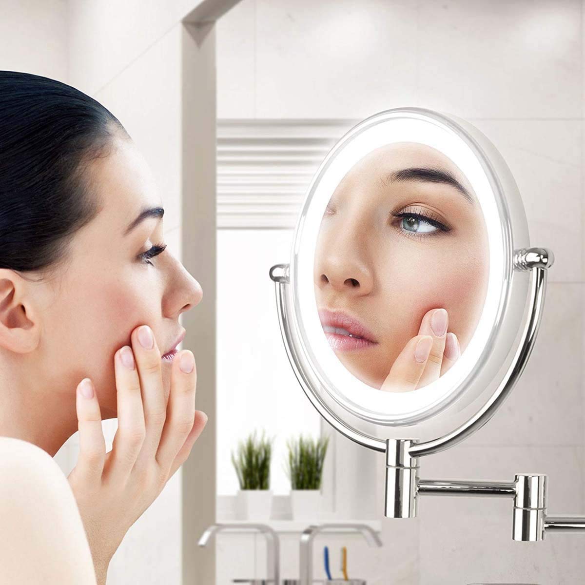 10X Magnifying Makeup Mirror with LED Lights - 8 Inch Double-Sided Wall Mounted Vanity Mirror, 360° Rotation, USB Rechargeable - Perfect for Bathroom, Bedroom, and Hotel Makeup Application