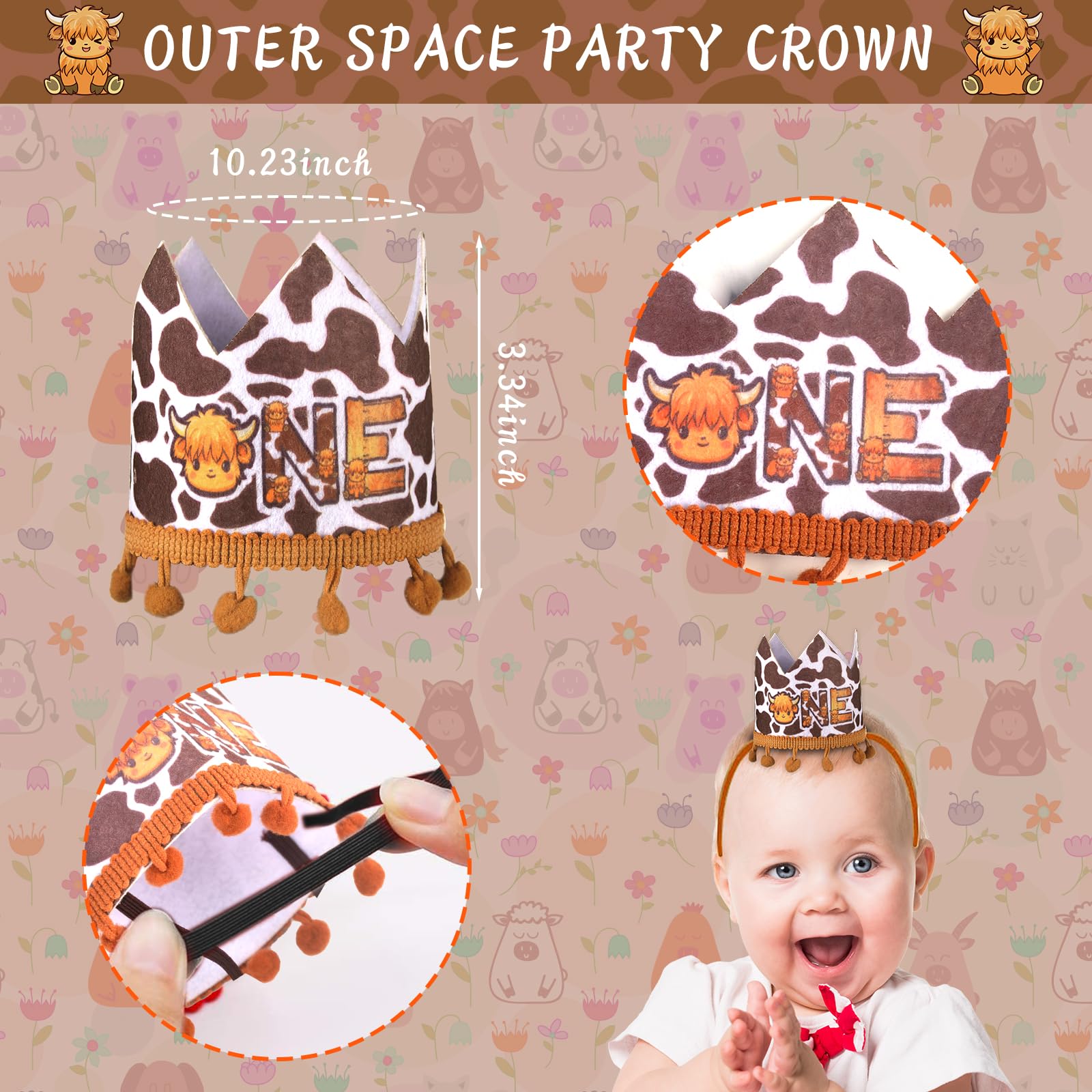 3 Pcs Highland Cow Birthday Decorations Set - High Chair Banner, Cowboy Hat Cake Topper & First Rodeo Banner for Western Themed 1st Birthday Party Supplies | Perfect for Baby Boy/Girl Cowboy Party Decor