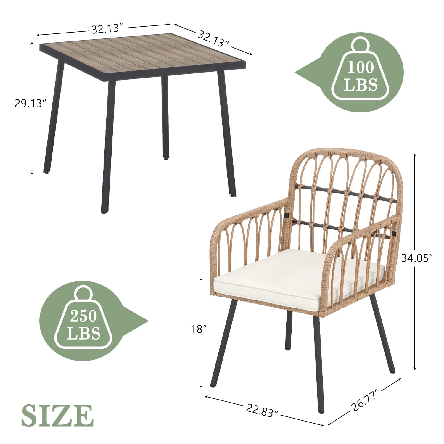 LYNSLIM 5-Piece Outdoor Dining Set - Rattan Patio Table & Chairs with Plastic-Wood Tabletop, 4 Wicker Chairs & Cushions - Perfect for Patio, Poolside, Balcony, Garden & Backyard Entertaining