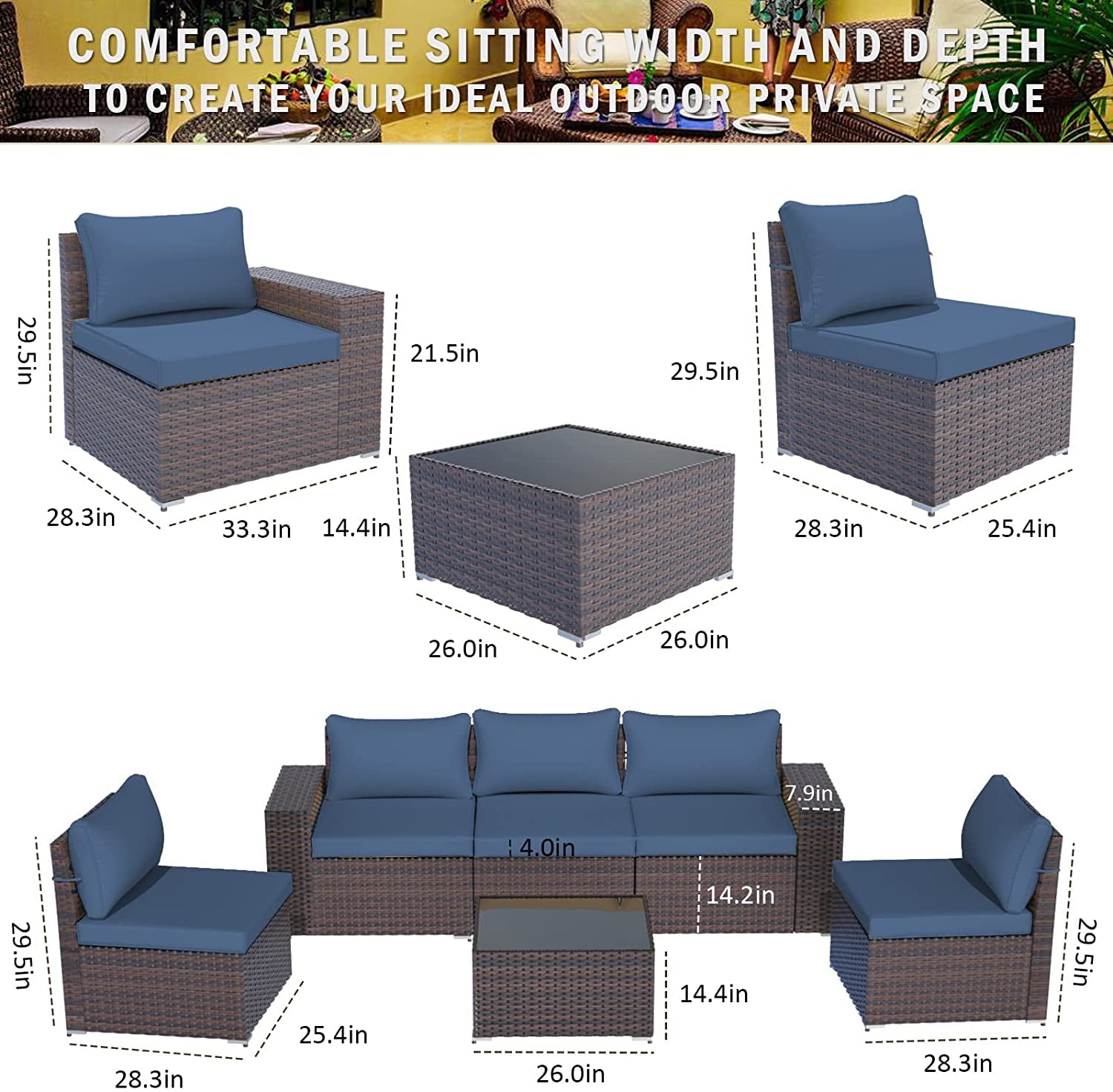 ALAULM 6-Piece Patio Furniture Set - All-Weather PE Rattan Wicker Outdoor Sectional Sofa with 5 Navy Blue Cushions & Coffee Table - Perfect for Backyard, Garden, Poolside & Deck Relaxation