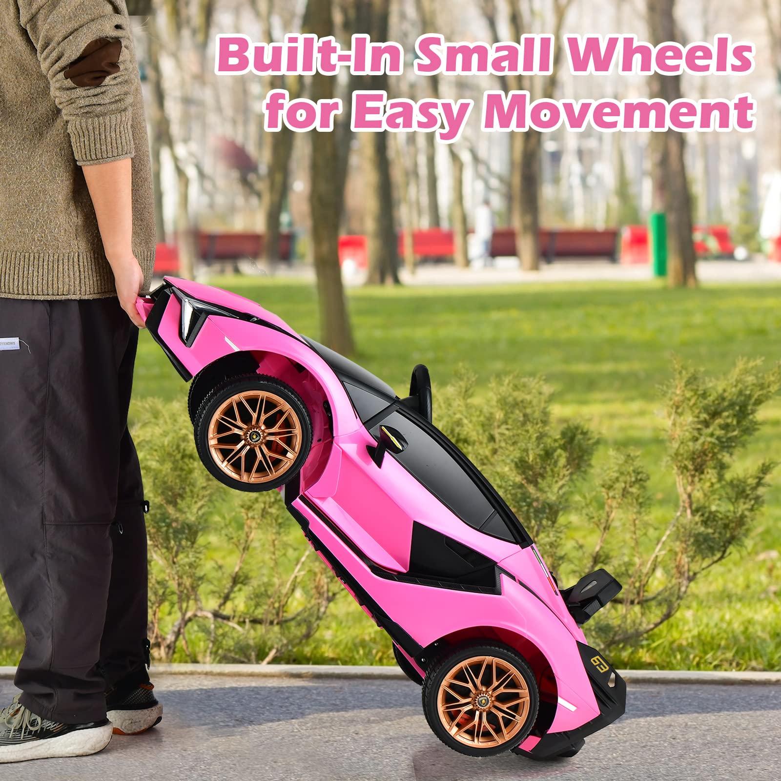 INFANS 12V Licensed Lamborghini Sian Kids Electric Ride-On Car with Parent Remote Control - Spring Suspension, MP3 Player & Carbon Fiber Texture - Pink Toddler Toy Roadster for Birthday Gifts & Outdoor Play
