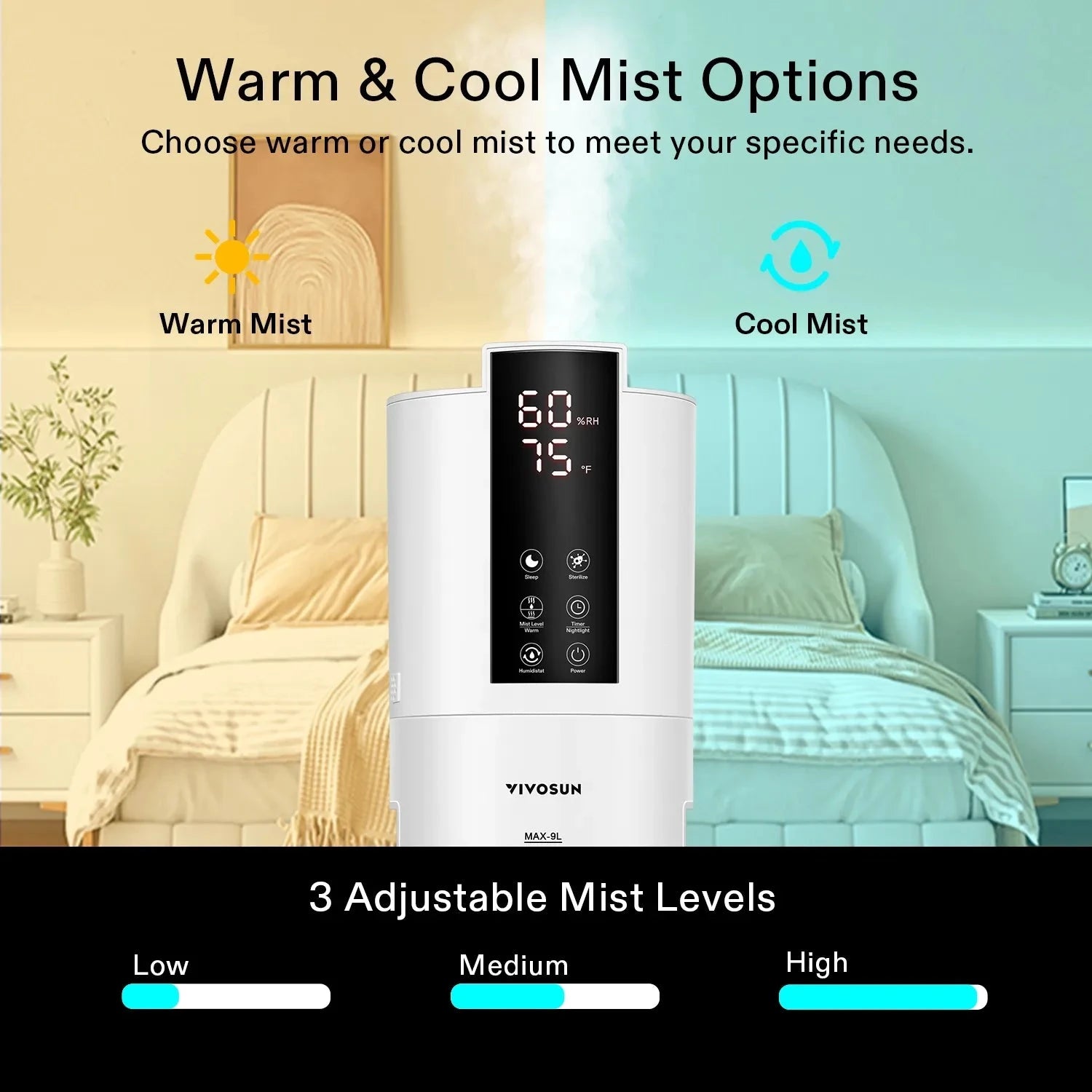 VIVOSUN 9L 2-in-1 Top Fill Cool & Warm Mist Humidifier for Home, Bedroom, Office - Quiet Ultrasonic Air Humidifier with Essential Oil Diffuser for Dry Air Relief