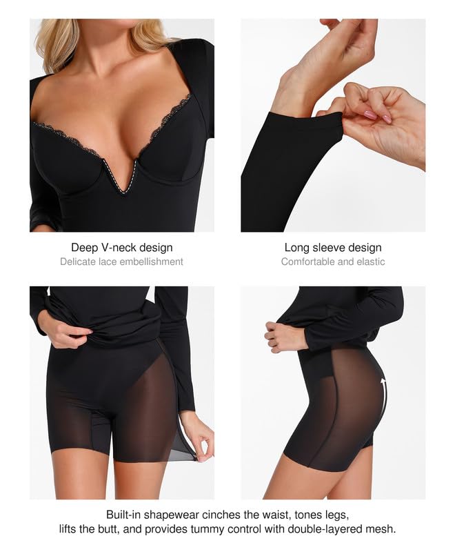 Sexy Long Sleeve Lace Bodycon Dress for Women - Deep V Neck Corset Mini Dress with Built-in Bra Shapewear | Perfect for Club Parties, Date Nights & Special Occasions