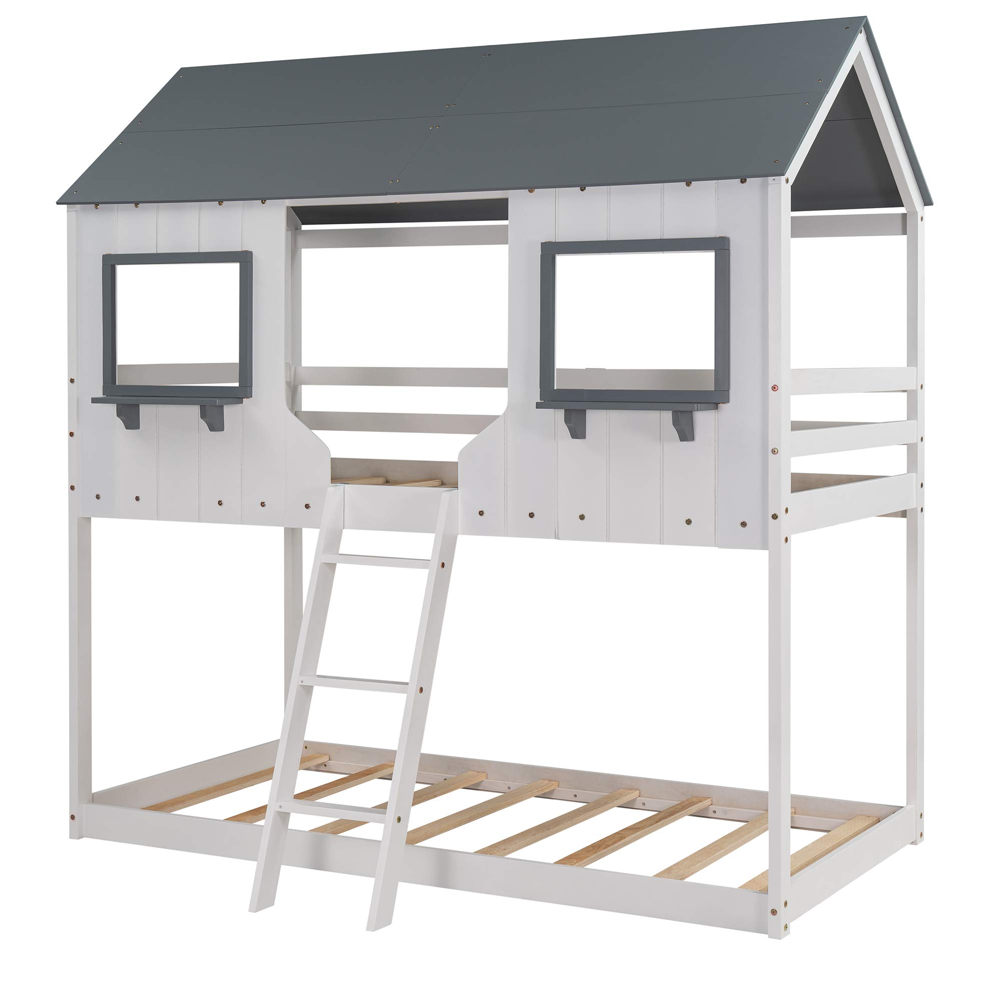Kids Twin Over Twin Wood Bunk Bed with Roof, Window, Guardrail & Ladder - House-Shaped Loft Bed for Toddlers, Boys & Girls (White) | Perfect for Small Bedrooms, Playrooms & Sleepovers
