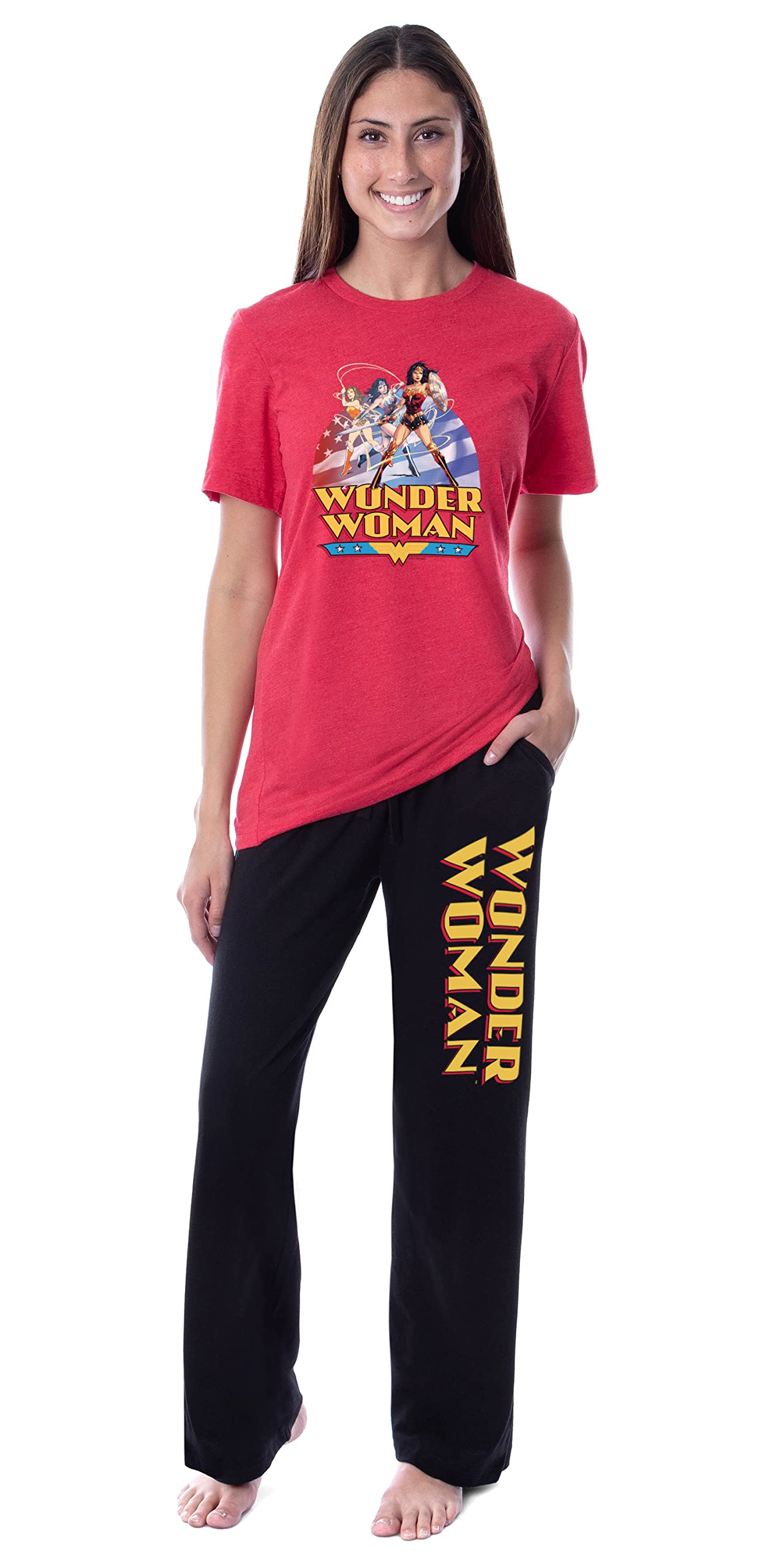 INTIMO DC Women's Wonder Woman Through The Ages Sleep Pajama Set - Comfortable Shirt & Pants for Lounge, Sleepwear, and Superhero Fan Gift