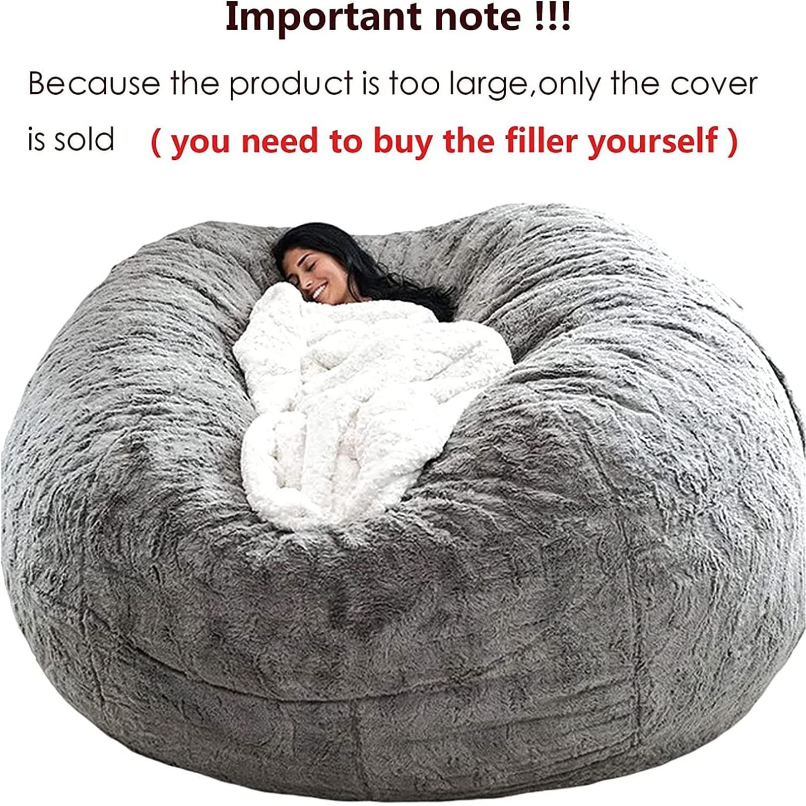 7ft Giant Bean Bag Chair with Memory Foam - No Filler Faux Fur Lounger Sofa Cover, Washable Jumbo Bean Bag for Adults, Large Lazy Chair for Living Room, Bedroom & Game Room Relaxation