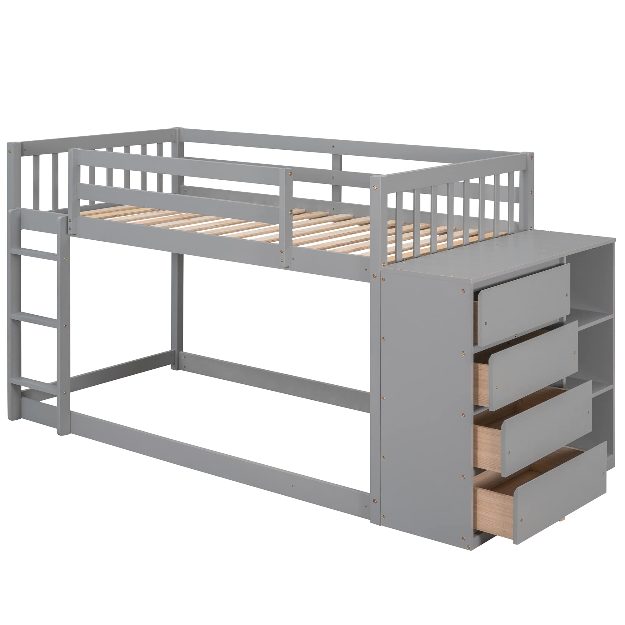 MERITLINE Twin Over Twin Bunk Bed with Storage Drawers & Shelves, Solid Wood Low Loft Bed Frame for Kids - Boys & Girls Bedroom Furniture (Gray) - Perfect for Small Spaces, Shared Rooms & Sleepovers