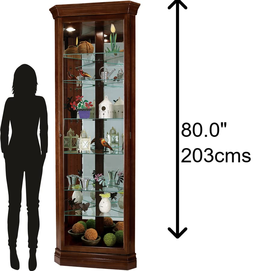 Howard Miller Drake Corner Curio Cabinet - Vertical Wooden Display Case with Adjustable Shelves, Levelers & Lockable Door | Illuminated Interior Lighting | Perfect for Home Office Decor, Living Room Showcase & Collectibles Display