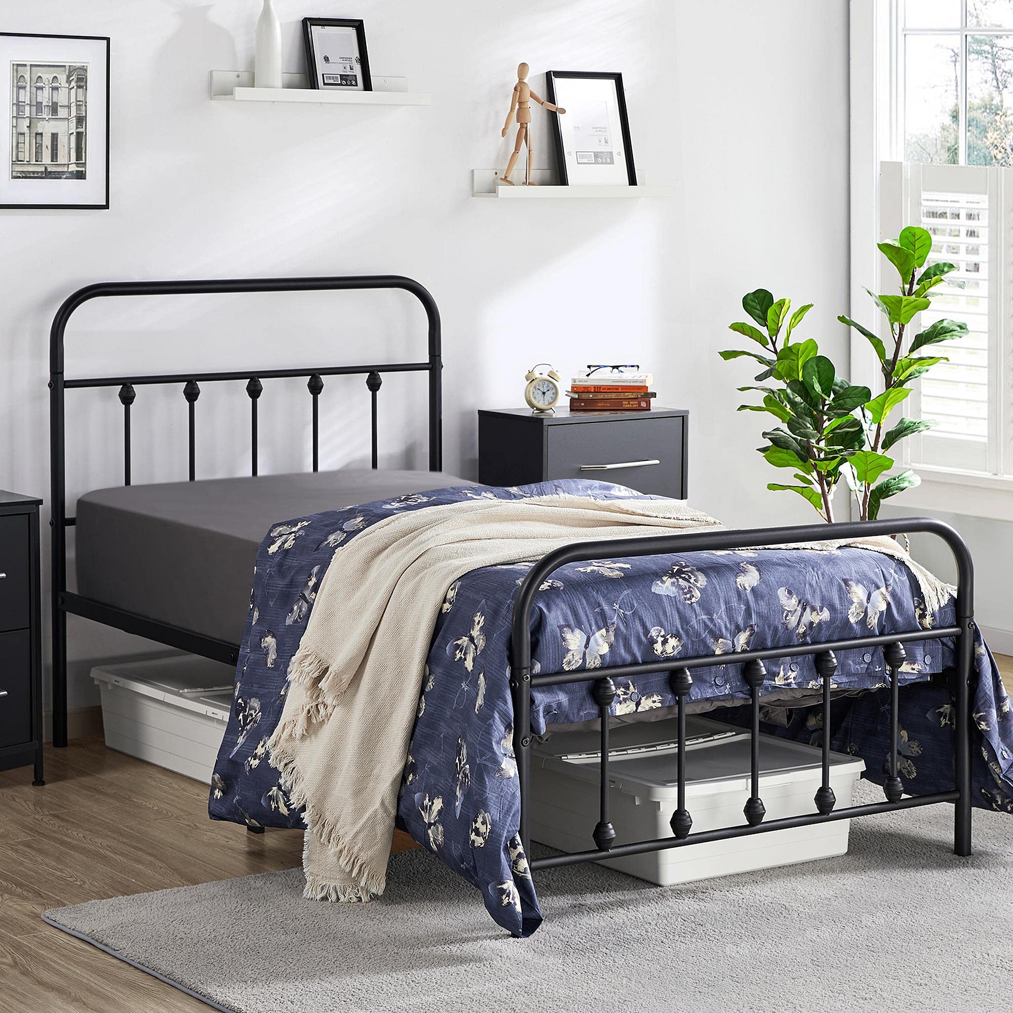 Topeakmart Twin Size Victorian Style Metal Bed Frame with Headboard - No Box Spring Needed, Sturdy Slat Support & Under Bed Storage - Perfect for Small Bedrooms, Guest Rooms & Dormitories (Black)