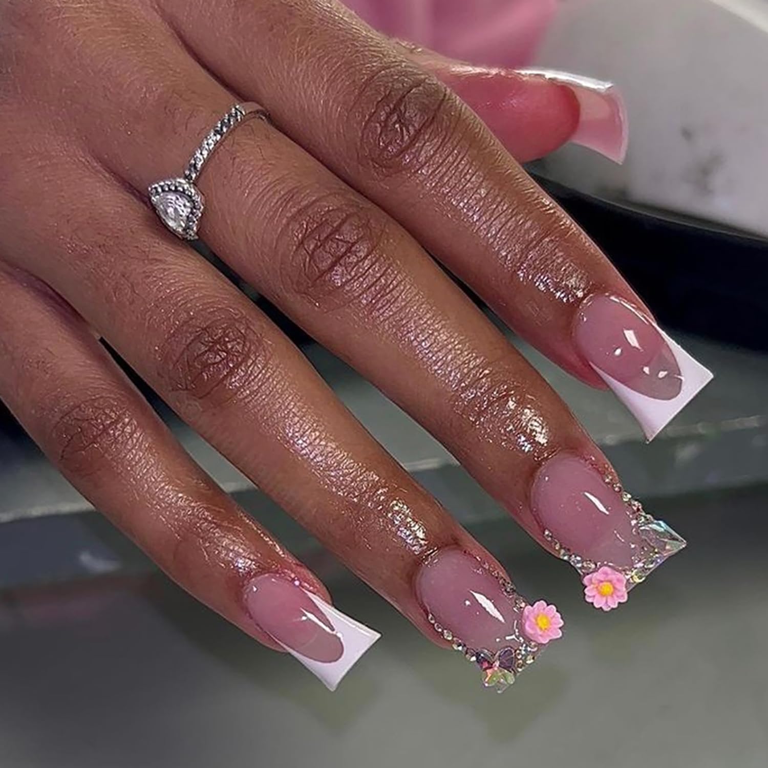 24 Pcs Duck Nails Press On - White French Tips with Rhinestones & Floral Designs - Reusable Gel False Nails Kit for Manicure - Perfect for Parties, Weddings, and Special Occasions