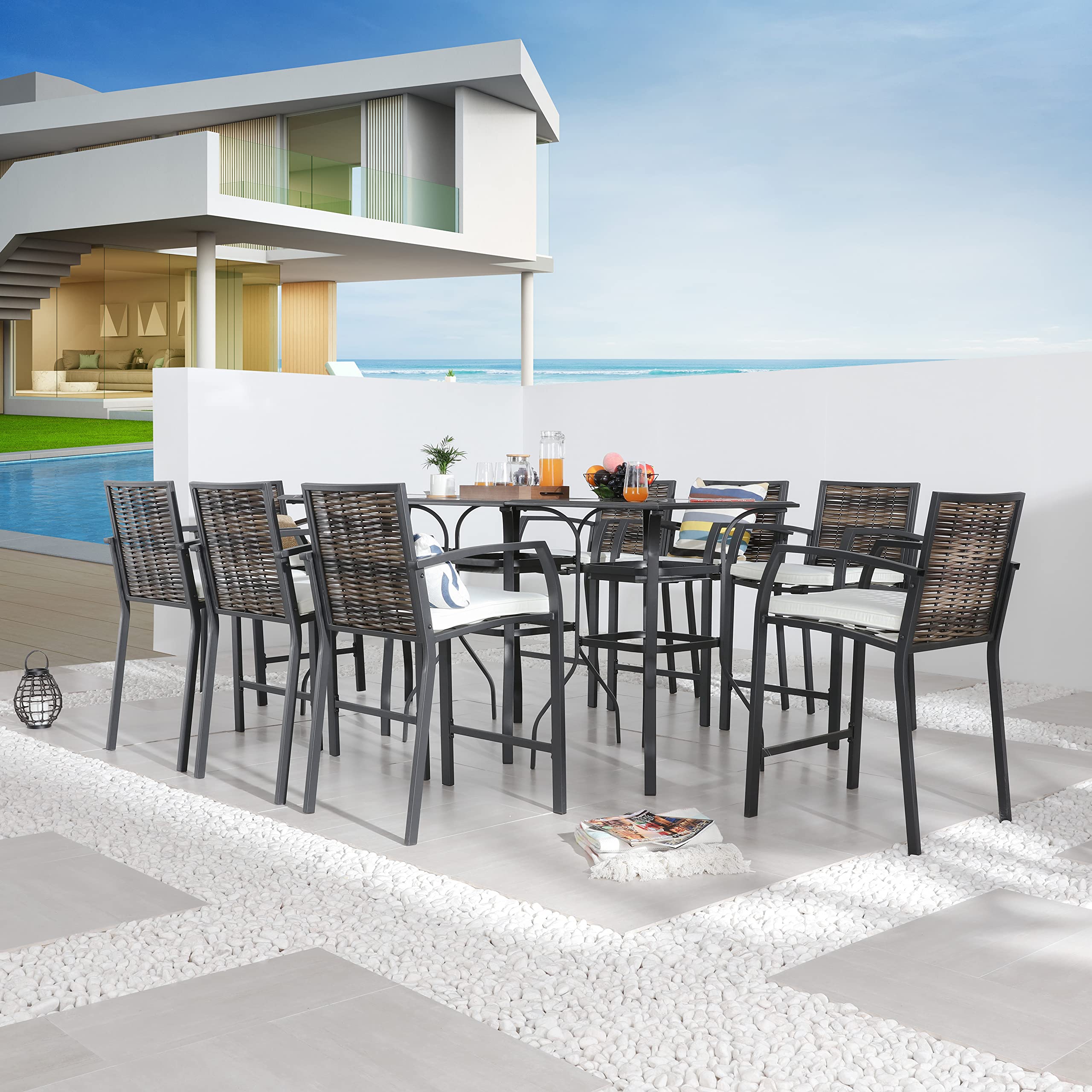 LOKATSE HOME 8-Piece Counter Height Bar Stool Set with Armrests - Beige Patio Chairs for Garden, Pool, Lawn & Backyard | Perfect for Outdoor Dining, Entertaining & Relaxation