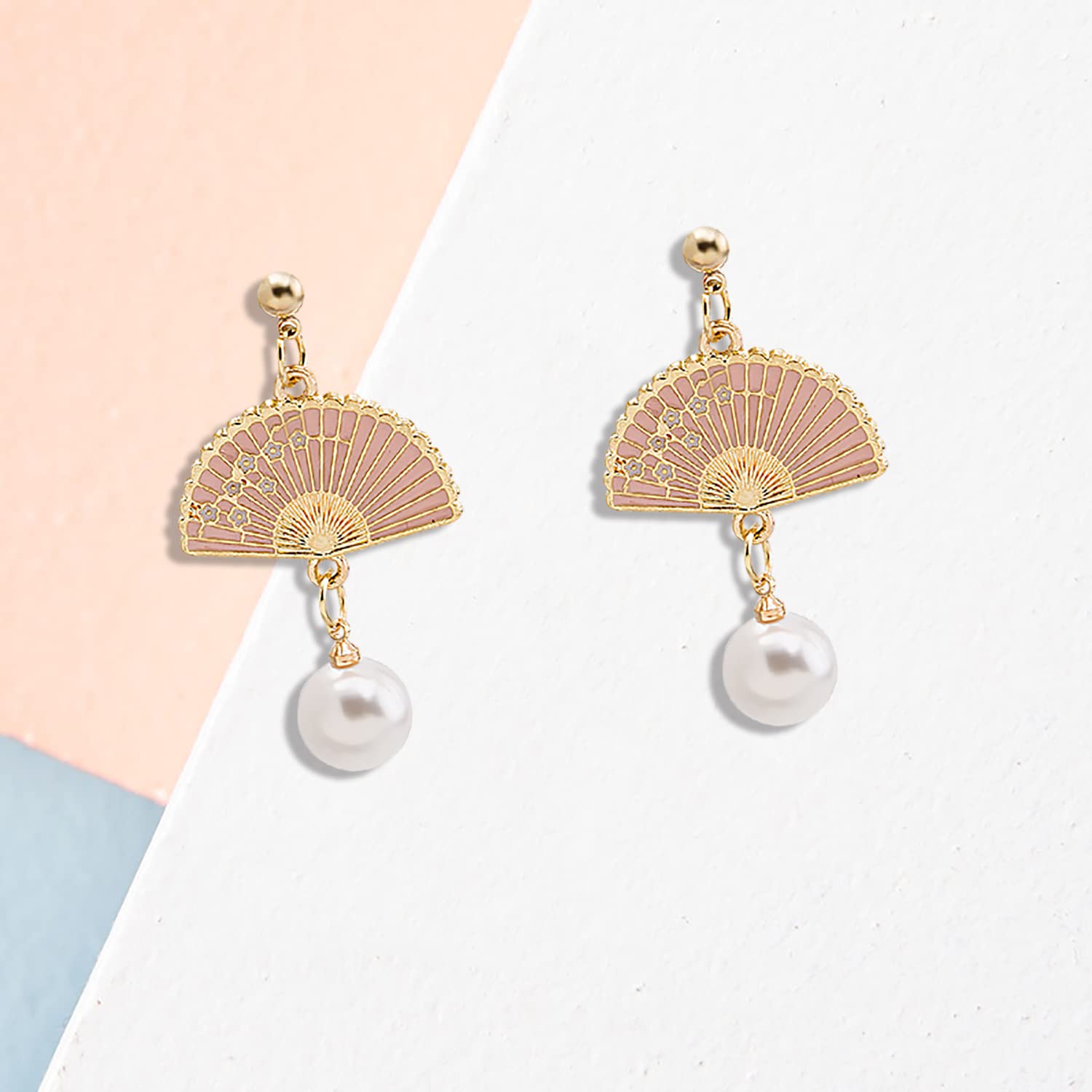 YUNXI Pearl Fan Drop Earrings - Small Dangle Studs, Cute Retro Ethnic Style for Women | Perfect for Parties, Weddings & Everyday Wear
