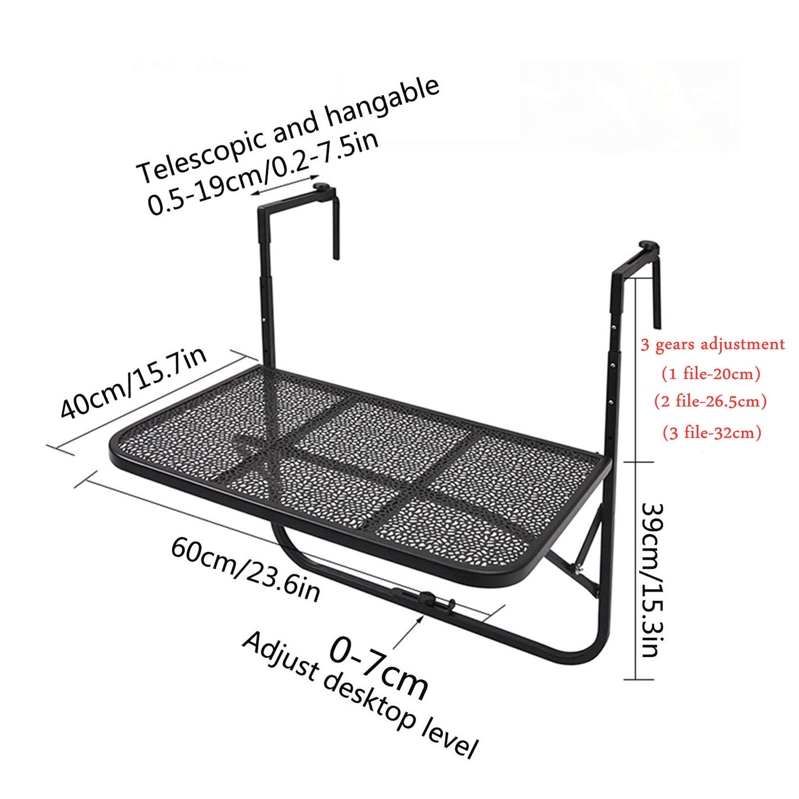 **Hanging Balcony Dining Table - Adjustable Folding Metal Patio Railing Side Table for Outdoor Garden, Balcony & Small Spaces - 60x40cm, 3-Tier Floating Coffee Table Stand - Perfect for Dining, Relaxing & Plant Display (Green)**