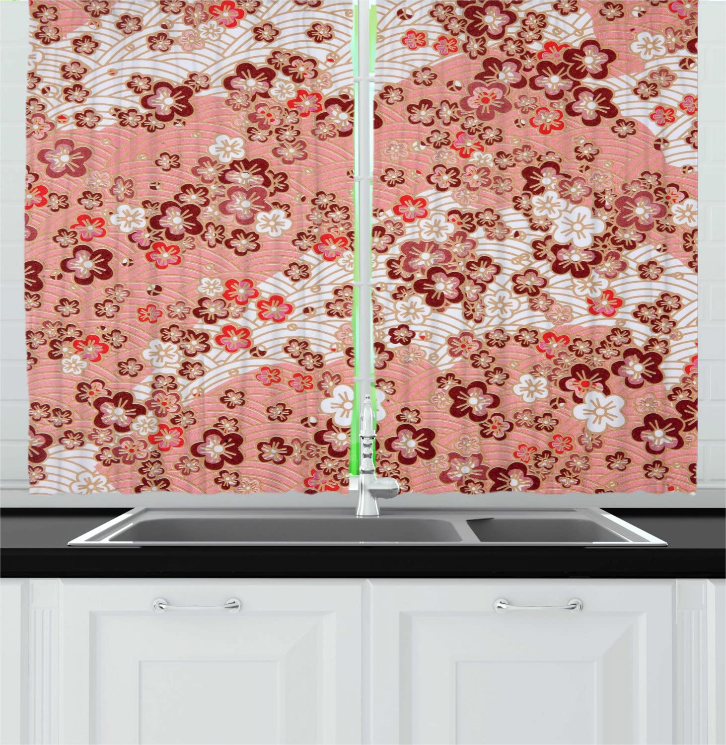 Ambesonne Japanese Cherry Blossom Kitchen Curtains - Sakura Floral Design with Rod Pocket, 55