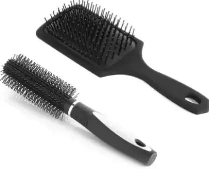 2-Pack Multicolor Plastic Paddle Detangler Hair Brush with Round Comb - Gentle Styling for Wet & Dry Hair - Perfect for Home, Travel & Salon Use