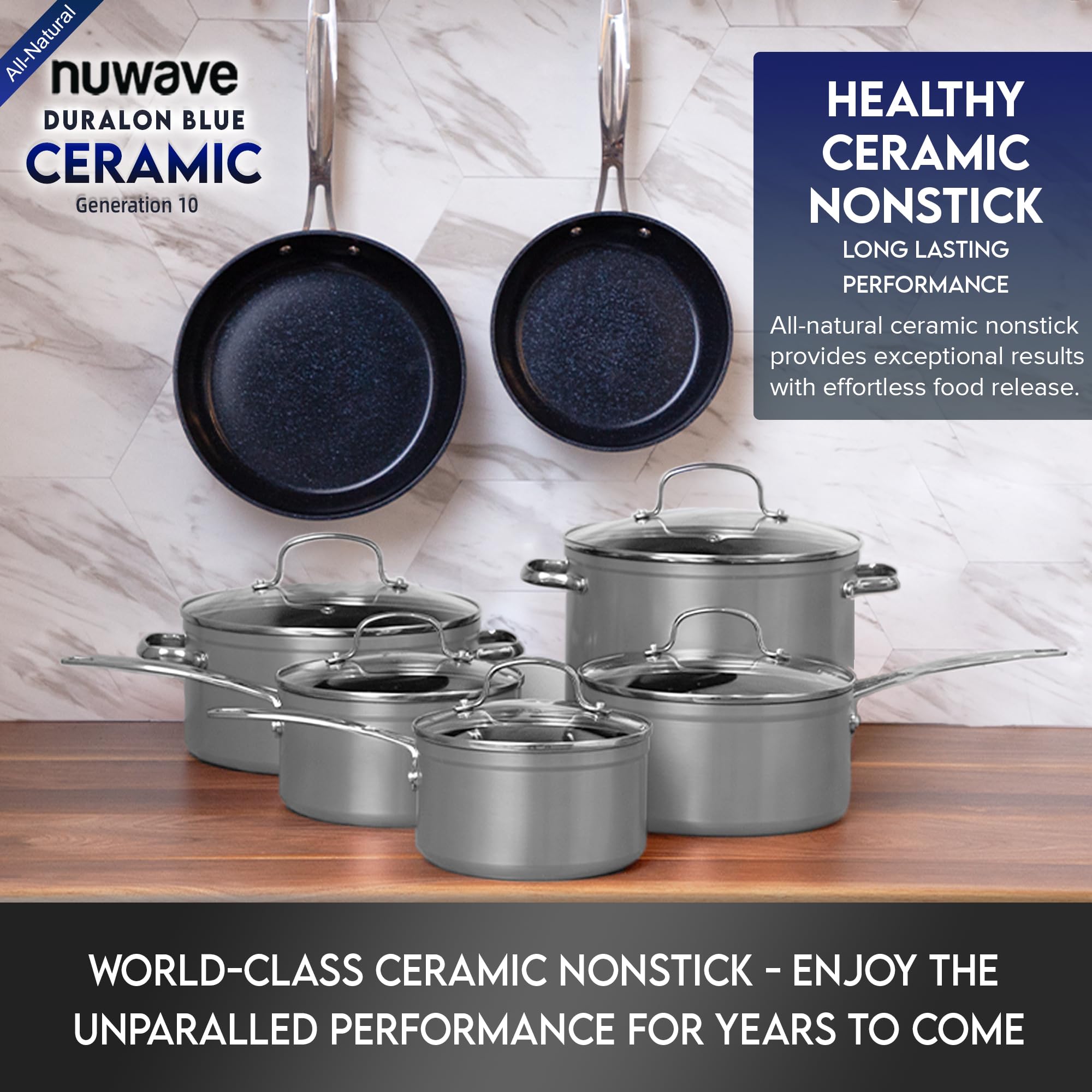 Nuwave Healthy Duralon Blue Ceramic Nonstick Cookware Set - Diamond Infused Scratch-Resistant, PFAS Free, Dishwasher & Oven Safe, Induction Ready with Even Heating, Tempered Glass Lids & Stay-Cool Handles - Perfect for Frying, Sauteing & Baking in Modern Kitchens