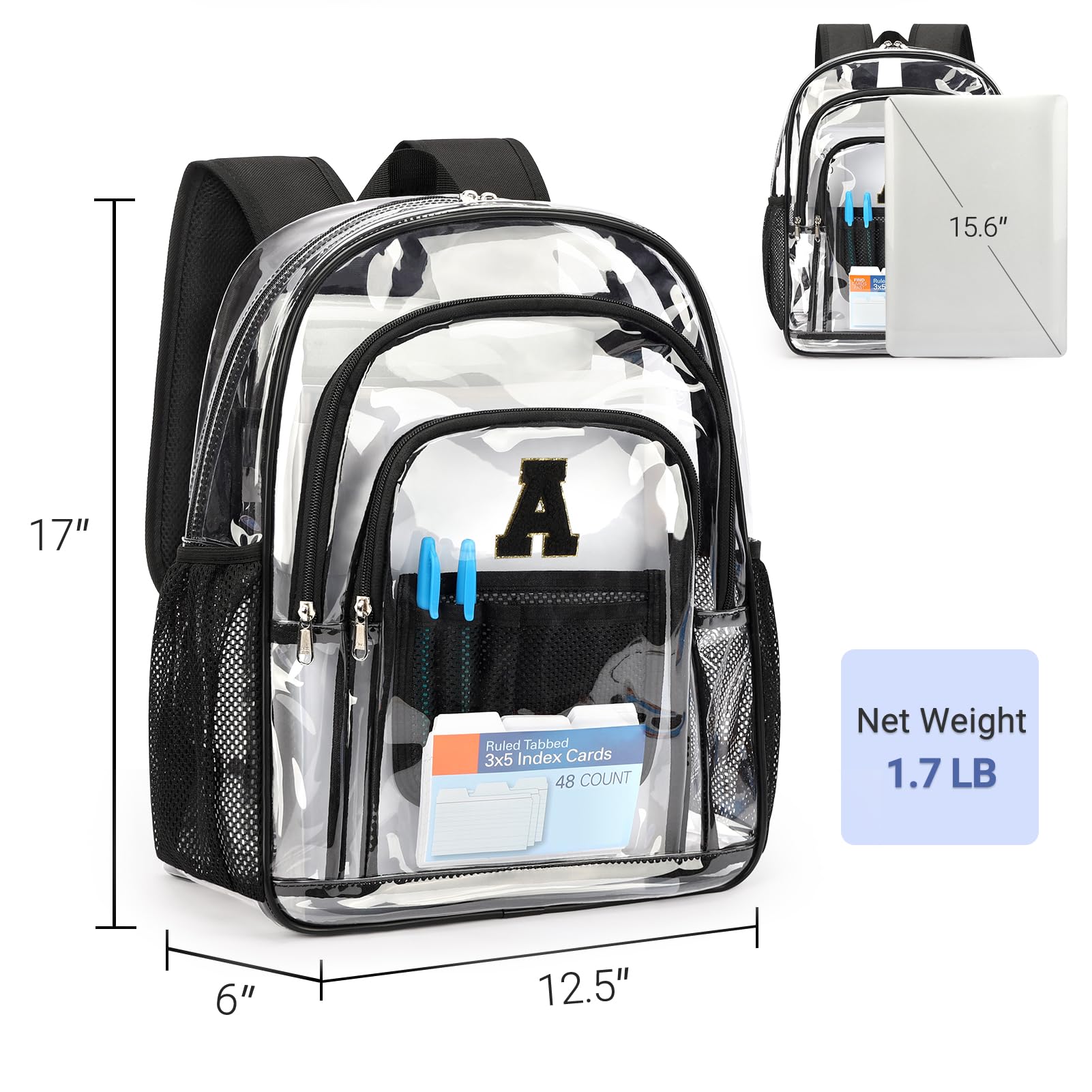 ZORFIN Large Clear Backpack for School, College & Work - Heavy Duty PVC Transparent Bookbag with Security Features - Perfect for School Supplies, Laptop Storage & Workplace Security Compliance