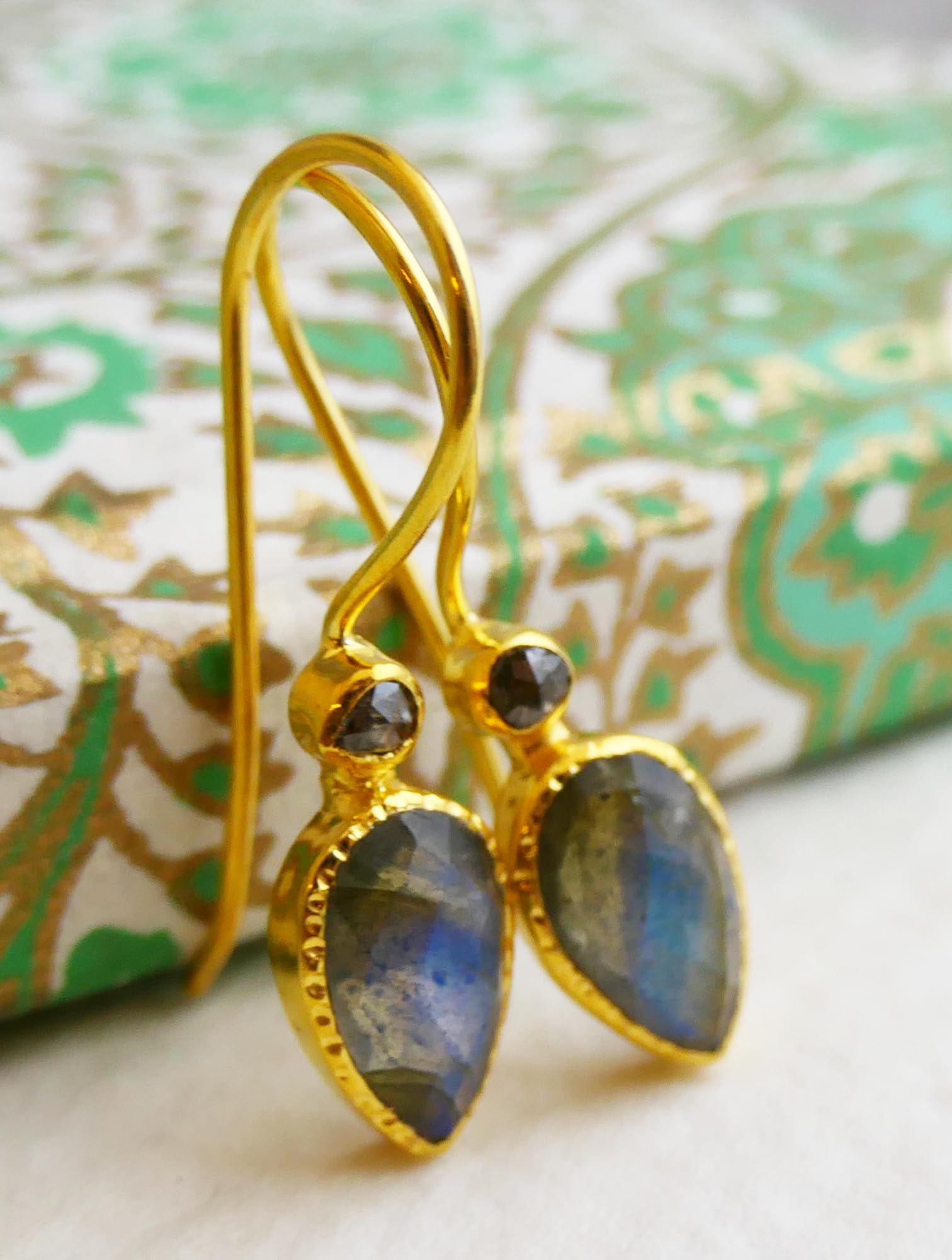 Labradorite and Diamond Gold Plated Sterling Silver Drop Earrings | Natural Gemstone Jewelry for Women | Handmade Birthday, Valentine's & Mother's Day Gift | Elegant Evening Wear & Special Occasion Accessories