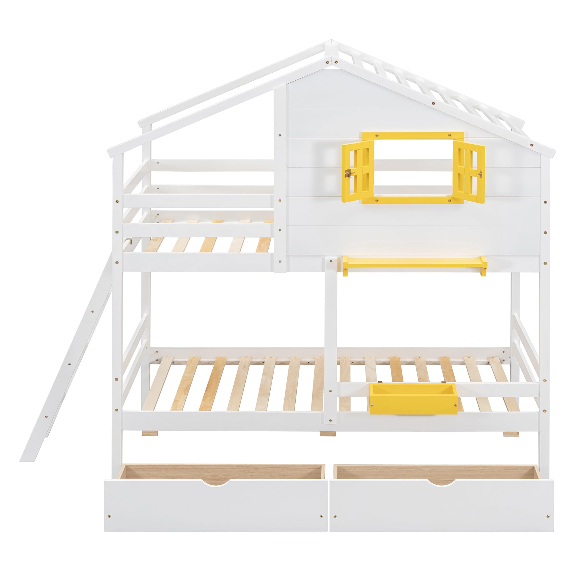 Harper & Bright Designs Twin Over Twin Solid Wood Bunk Bed for Kids with Storage Drawers, Shelf & Roof - White | Space-Saving Kids Bedroom Furniture for Boys, Girls & Teens | Perfect for Small Rooms, Shared Bedrooms & Sleepovers