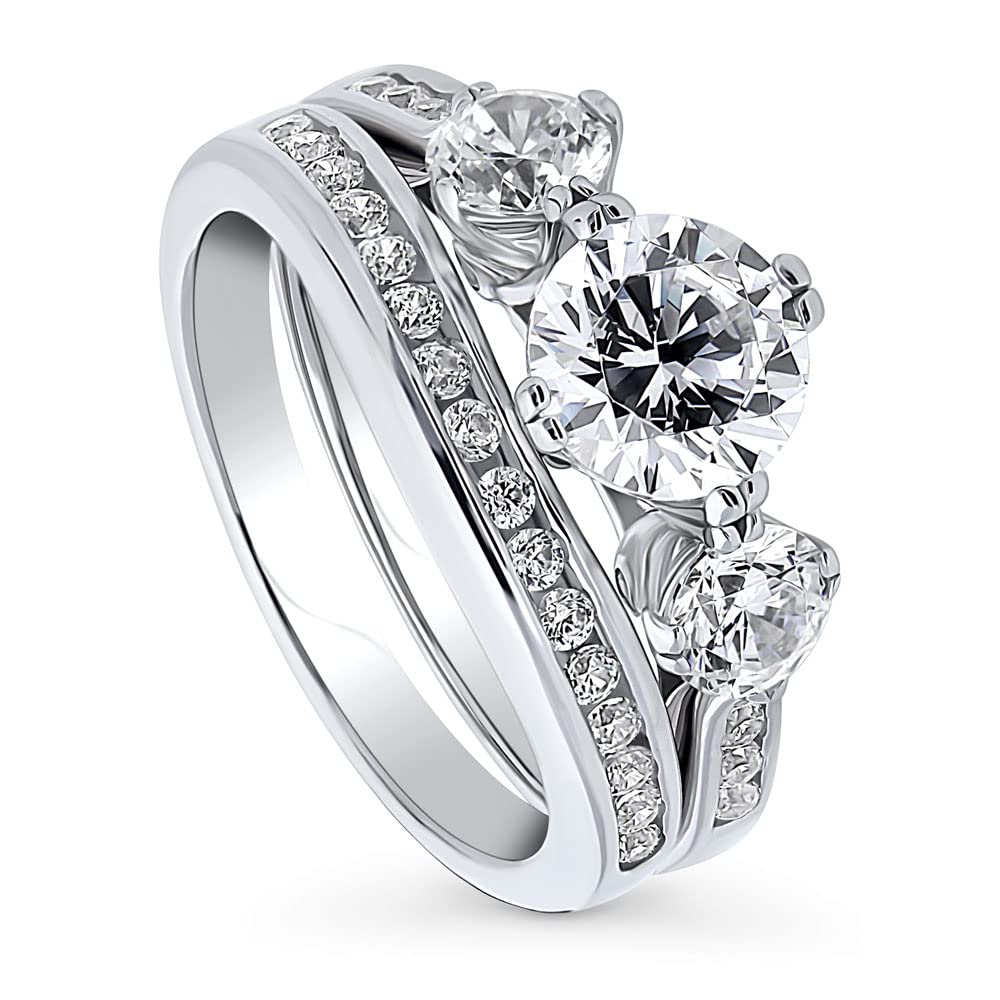 BERRICLE Sterling Silver 3-Stone Wedding & Engagement Ring Set for Women - 1.25 Carat Round Cut Cubic Zirconia CZ, Rhodium Plated, Size 4-10 | Elegant Bridal Jewelry for Proposals, Anniversaries & Special Occasions